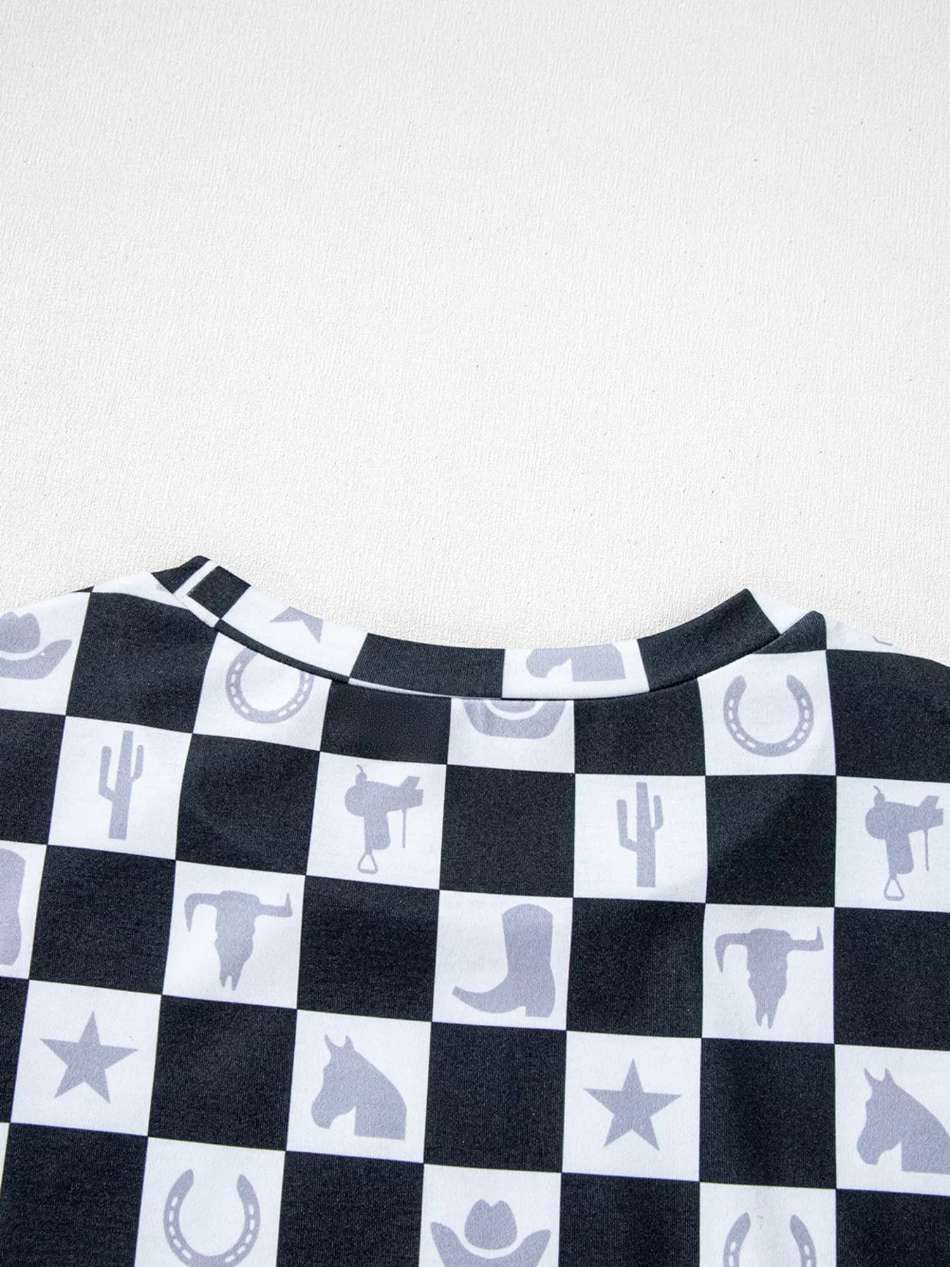 Western Checkerboard Print Side Split T Shirt
