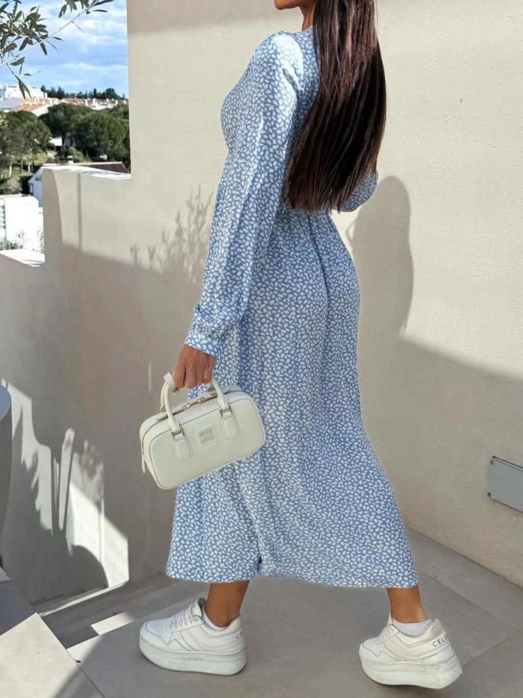 Floral Print Long Sleeve V-Neck Dress