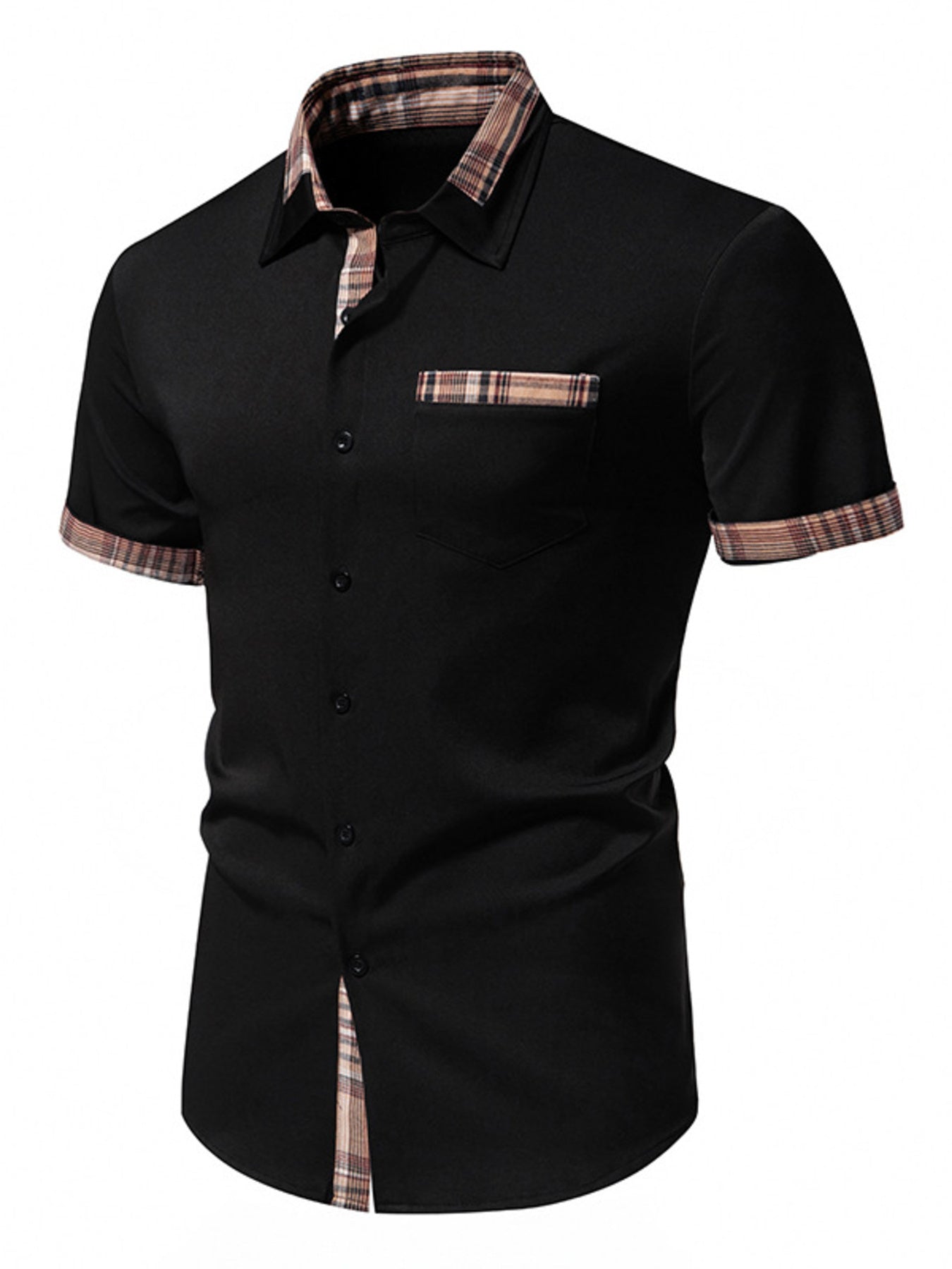 Men's Short Sleeve Plaid Trim Shirt
