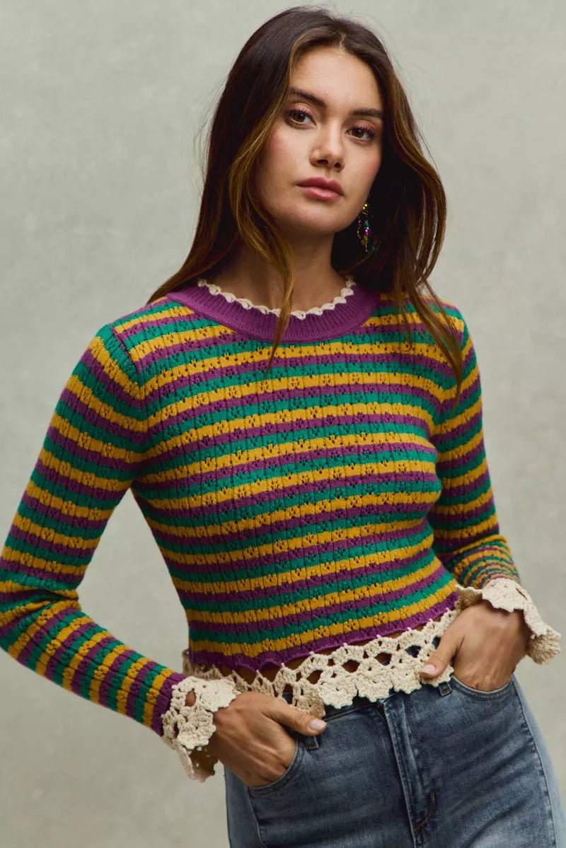 SO ME Mardi Gras Striped Cropped Knit Top with Crochet Edge