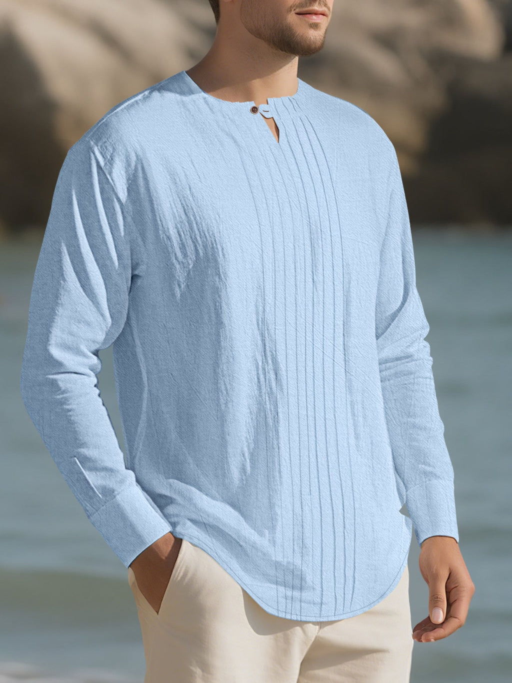 Men's Full Size Casual Pleated Long Sleeve Blouse Plus Size