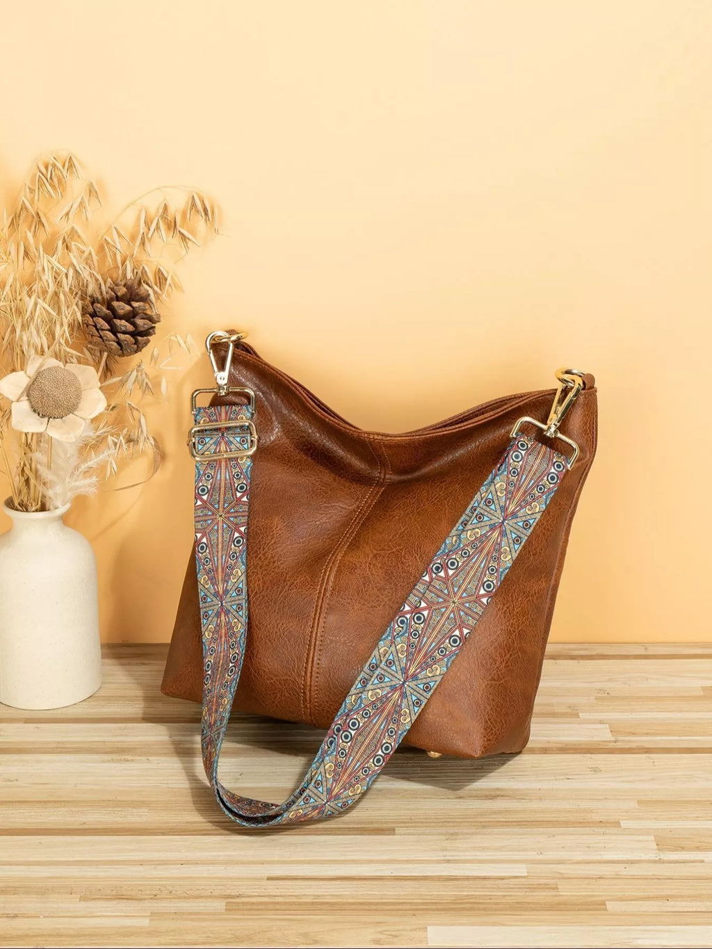 PU Leather Crossbody Bag with Patterned Strap