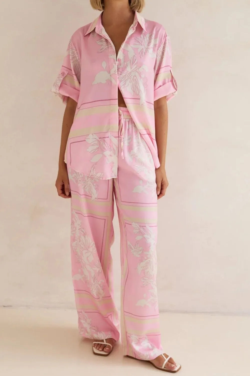 Printed Button Up Shirt and Pants Set