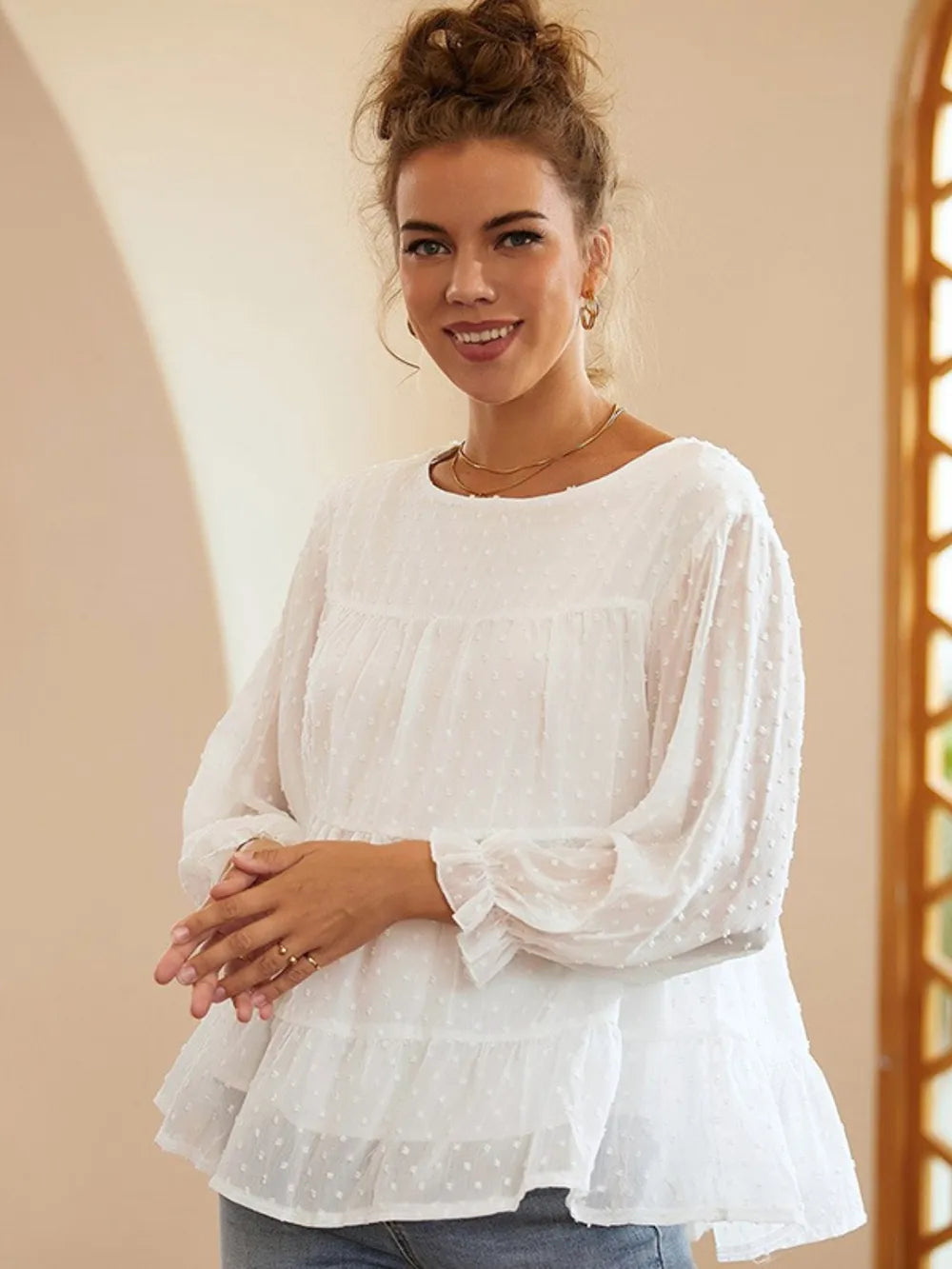 Swiss Dot Ruffled Round Neck Long Sleeve Blouse