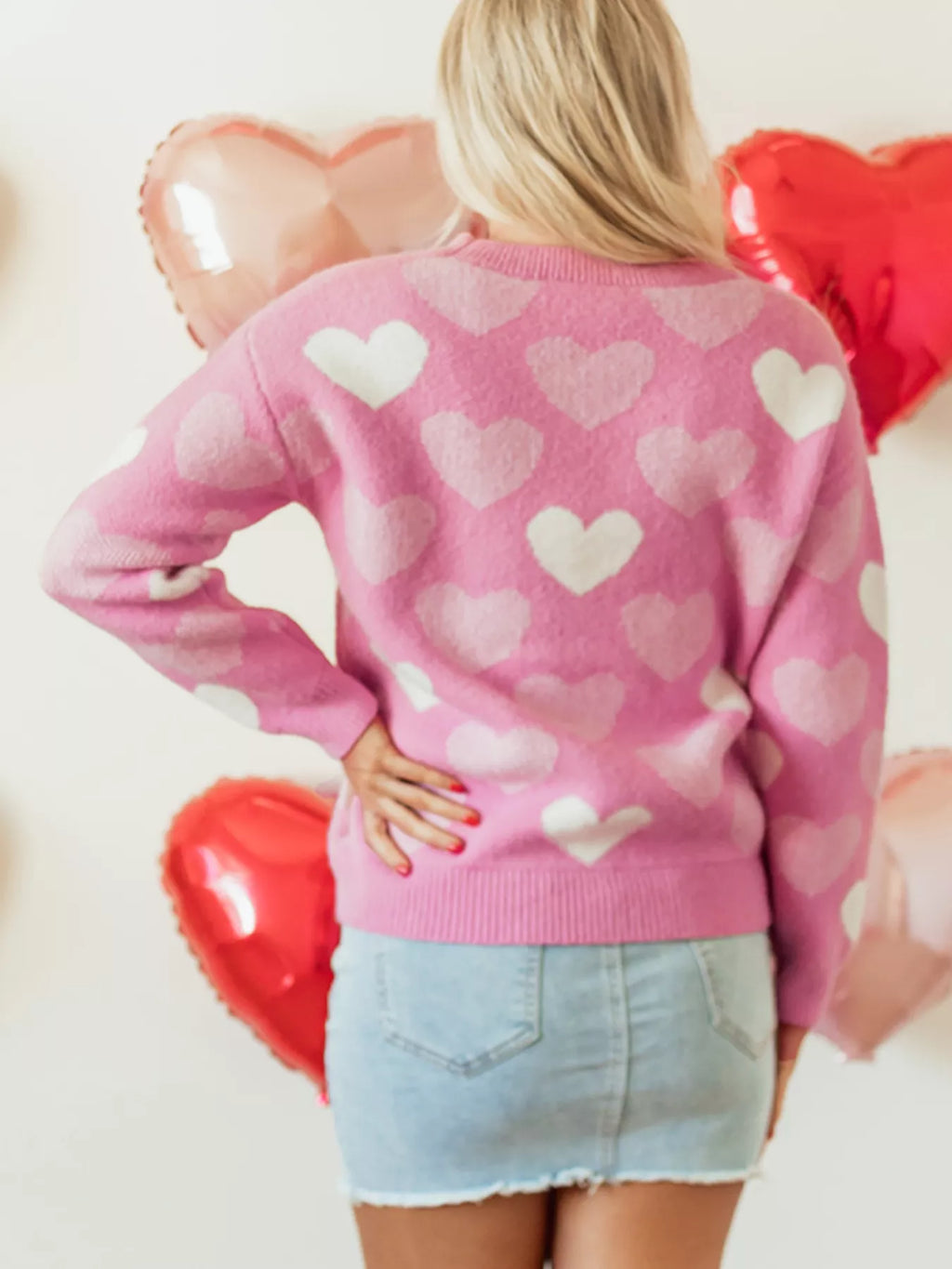 Pearled Heart Print Valentines Crew Neck Sweater