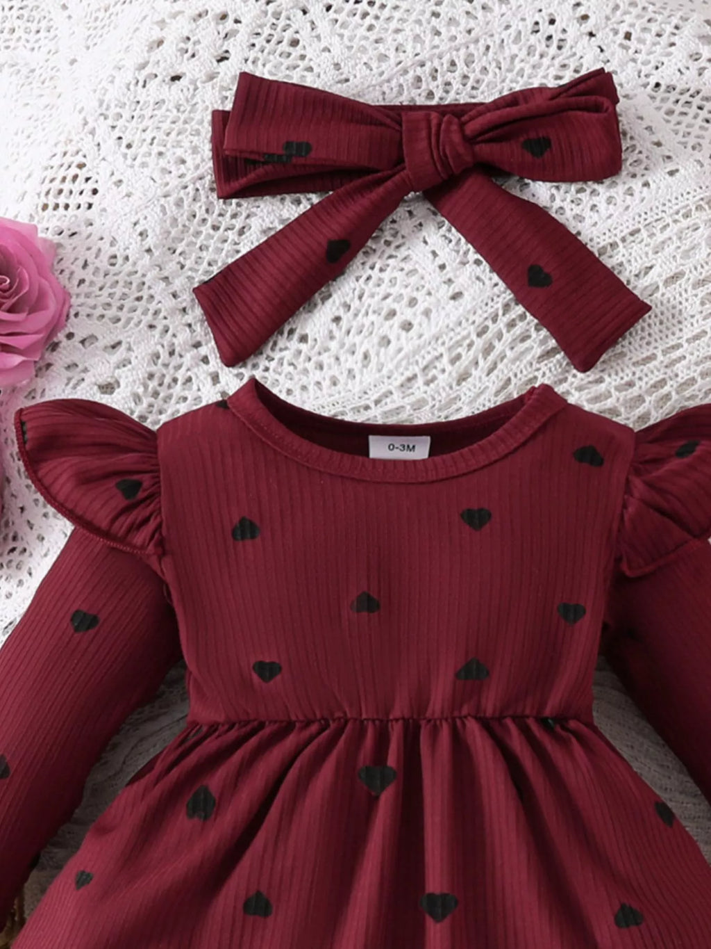 Children's Heart Print Ruffle Trim Bodysuit Dress with Headband