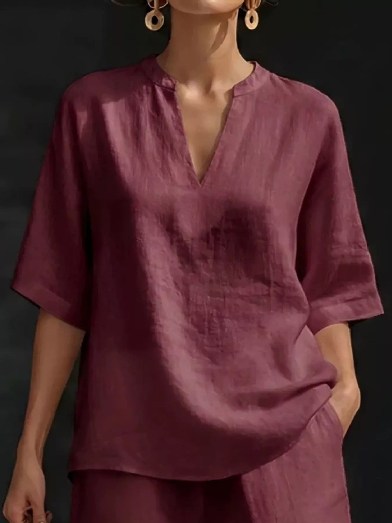 Full Size Notched Half Sleeve Top and Shorts Set Plus Size