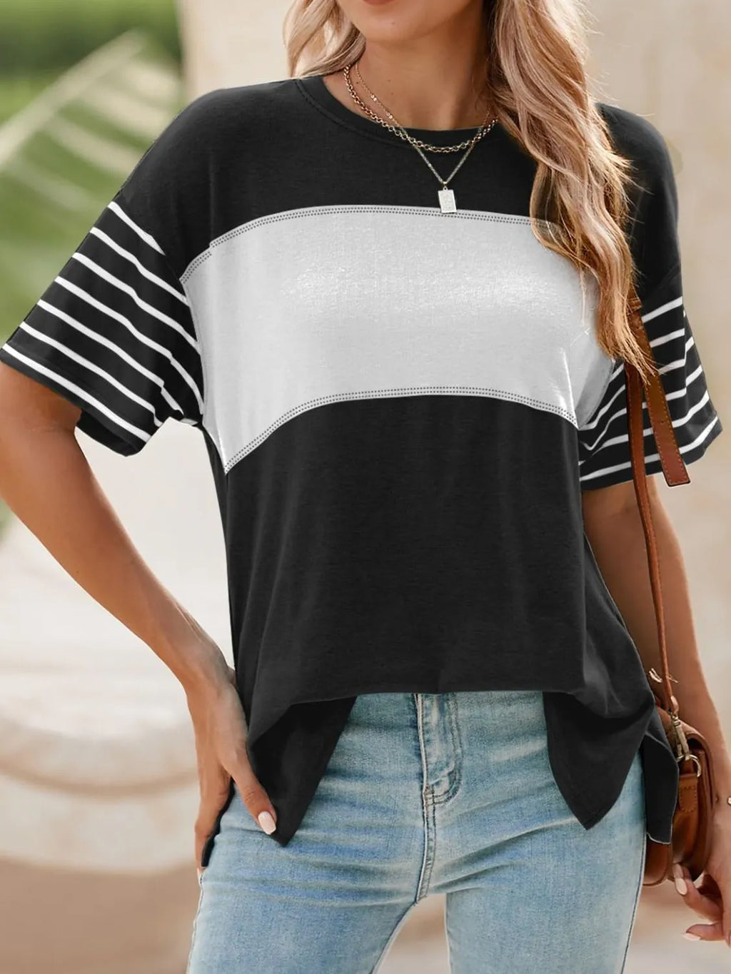 Color Block Striped Sleeve Casual T-Shirt