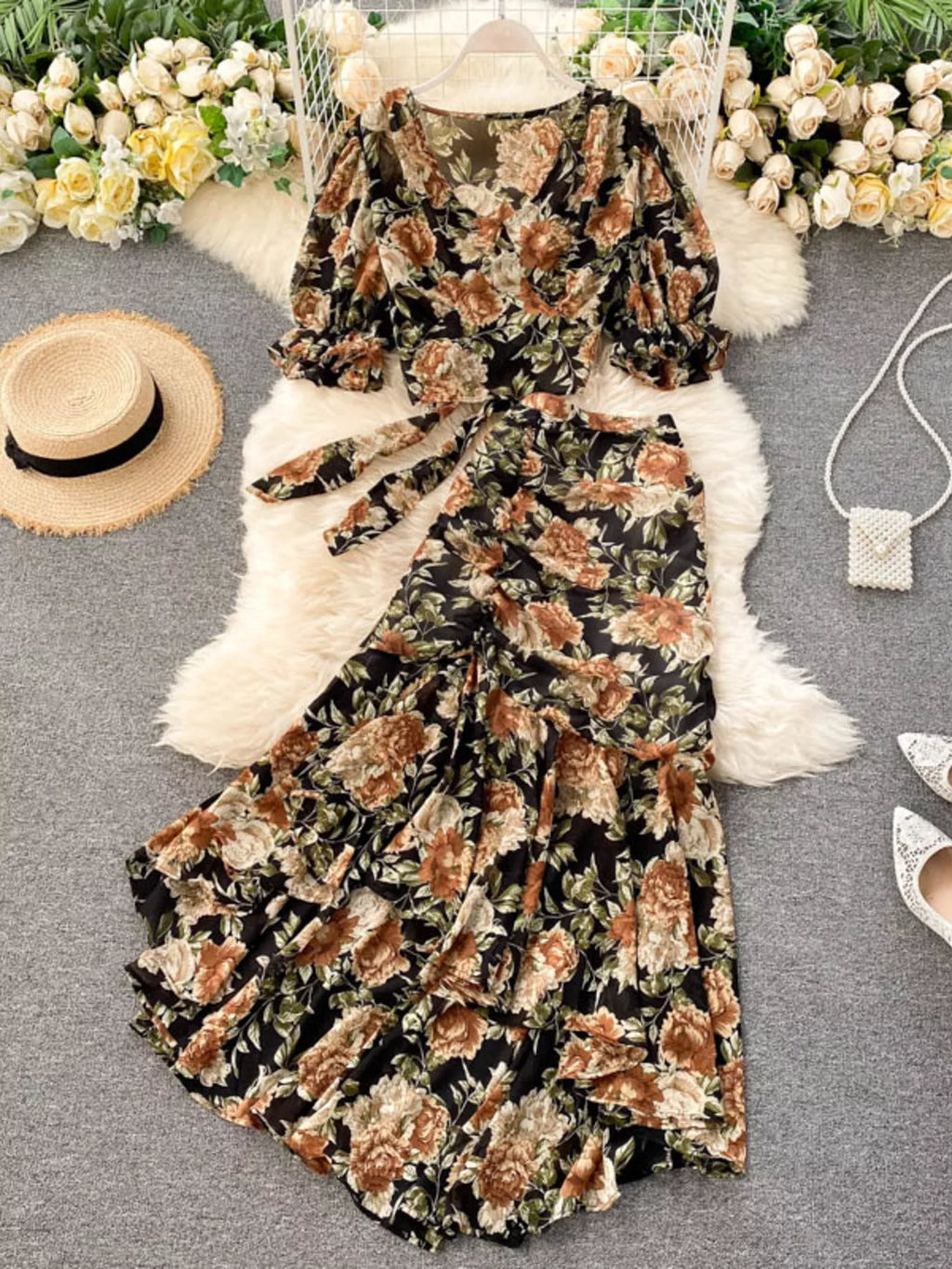 Floral Print Crop Top and Skirt Set