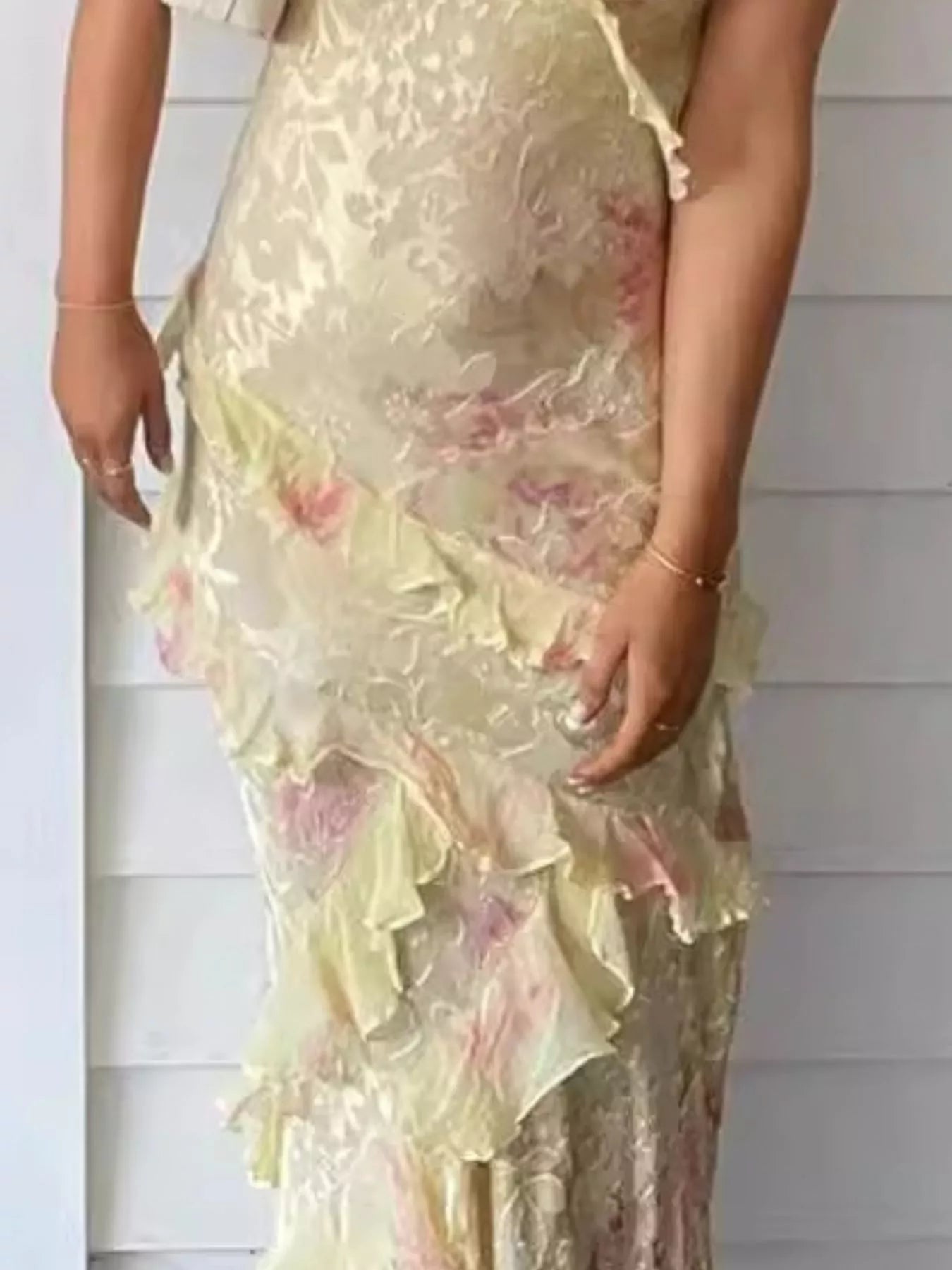 Floral Print Ruffle Trim Spaghetti Strap Maxi Dress