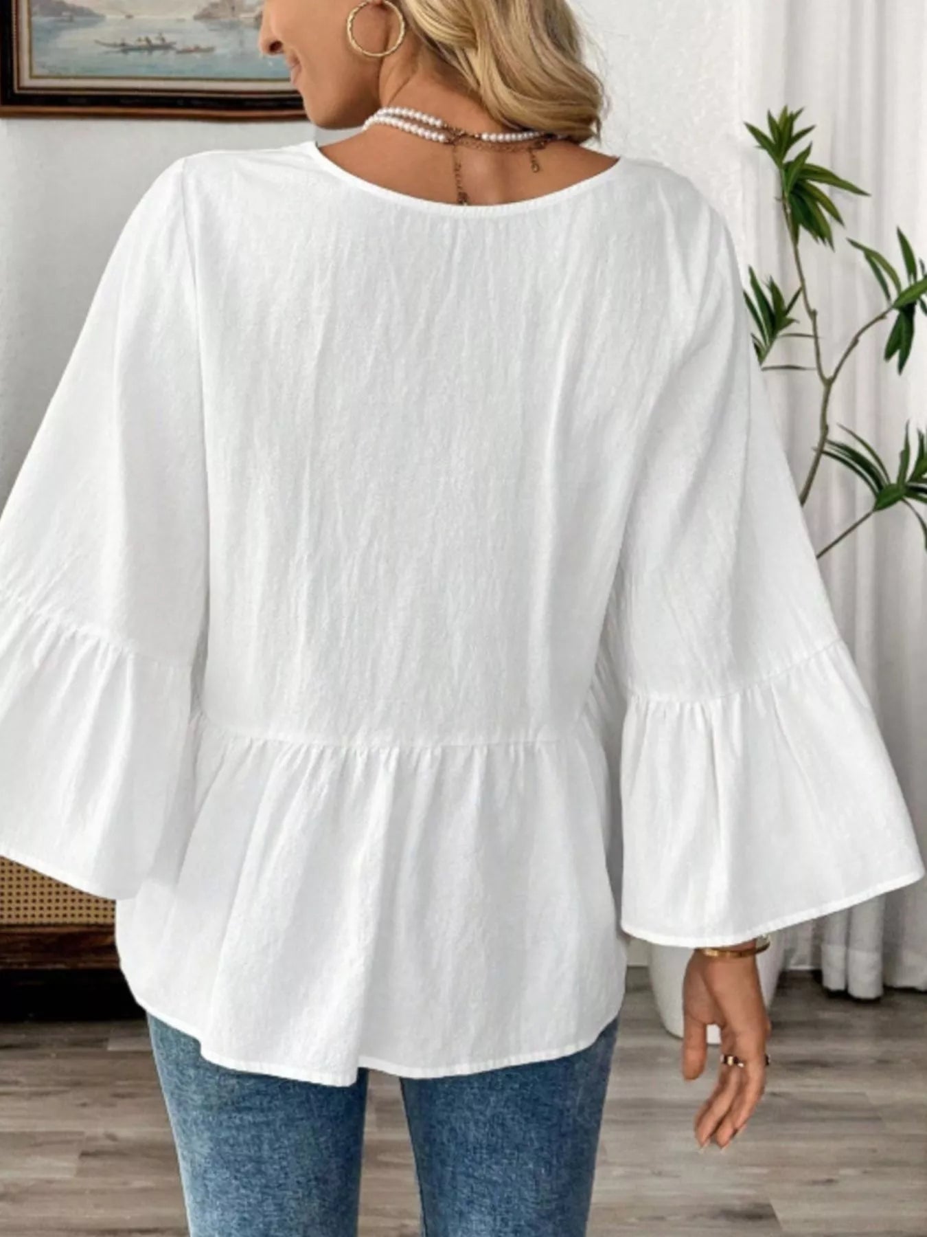 V-Neck Bell Sleeve Blouse