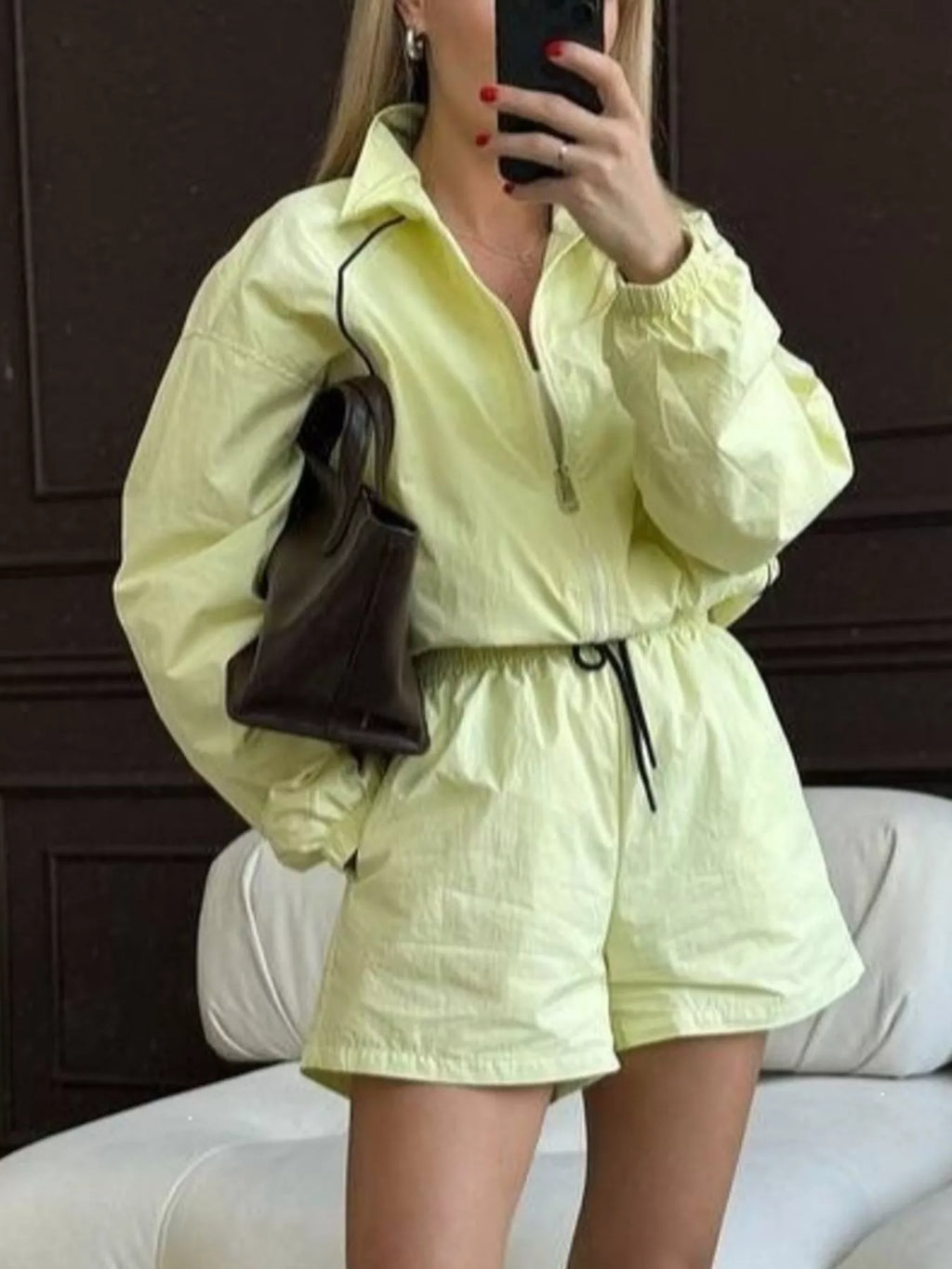 Zip Up Long Sleeve Outerwear and Shorts Set