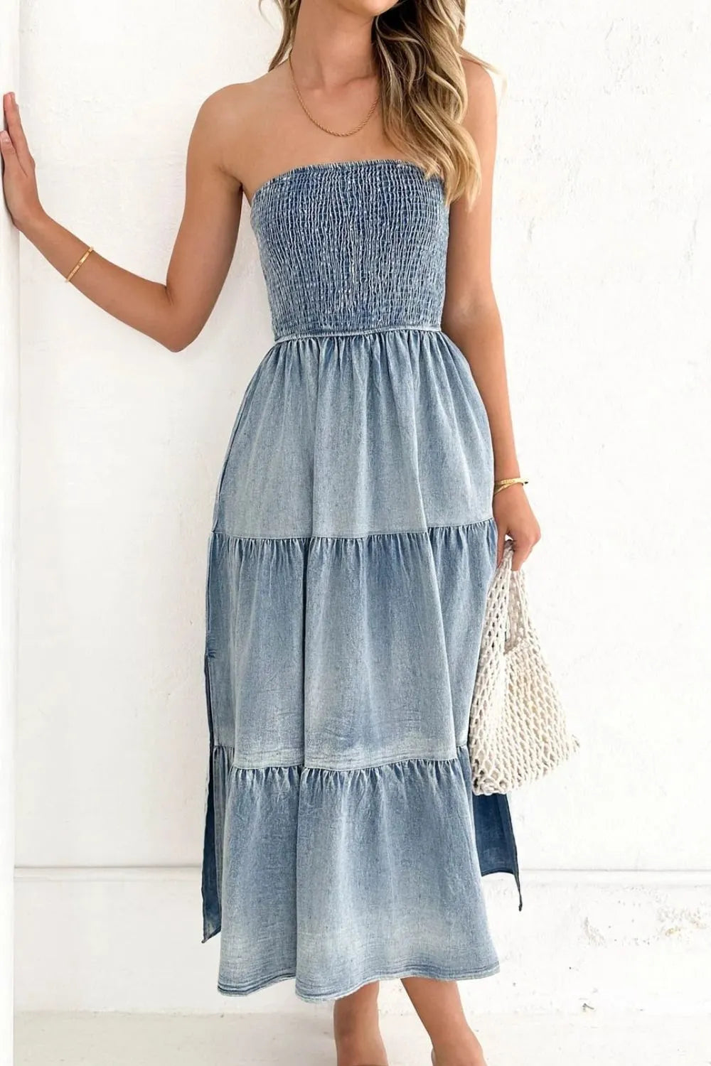 Smocked Tube Slit Tiered Denim Dress