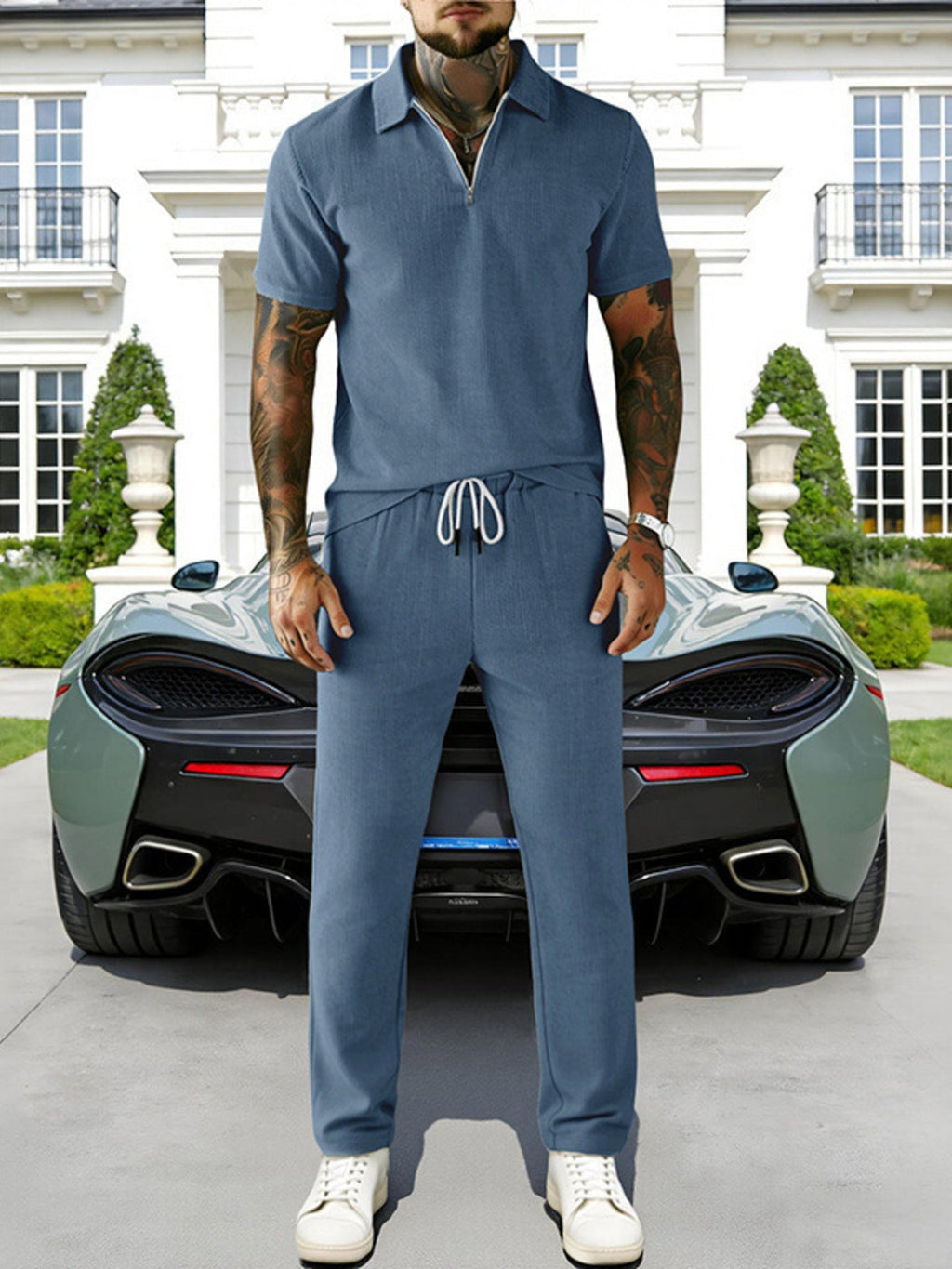Men's Full Size Casual Zipper Polo Shirt and Drawstring Pants Set Plus Size