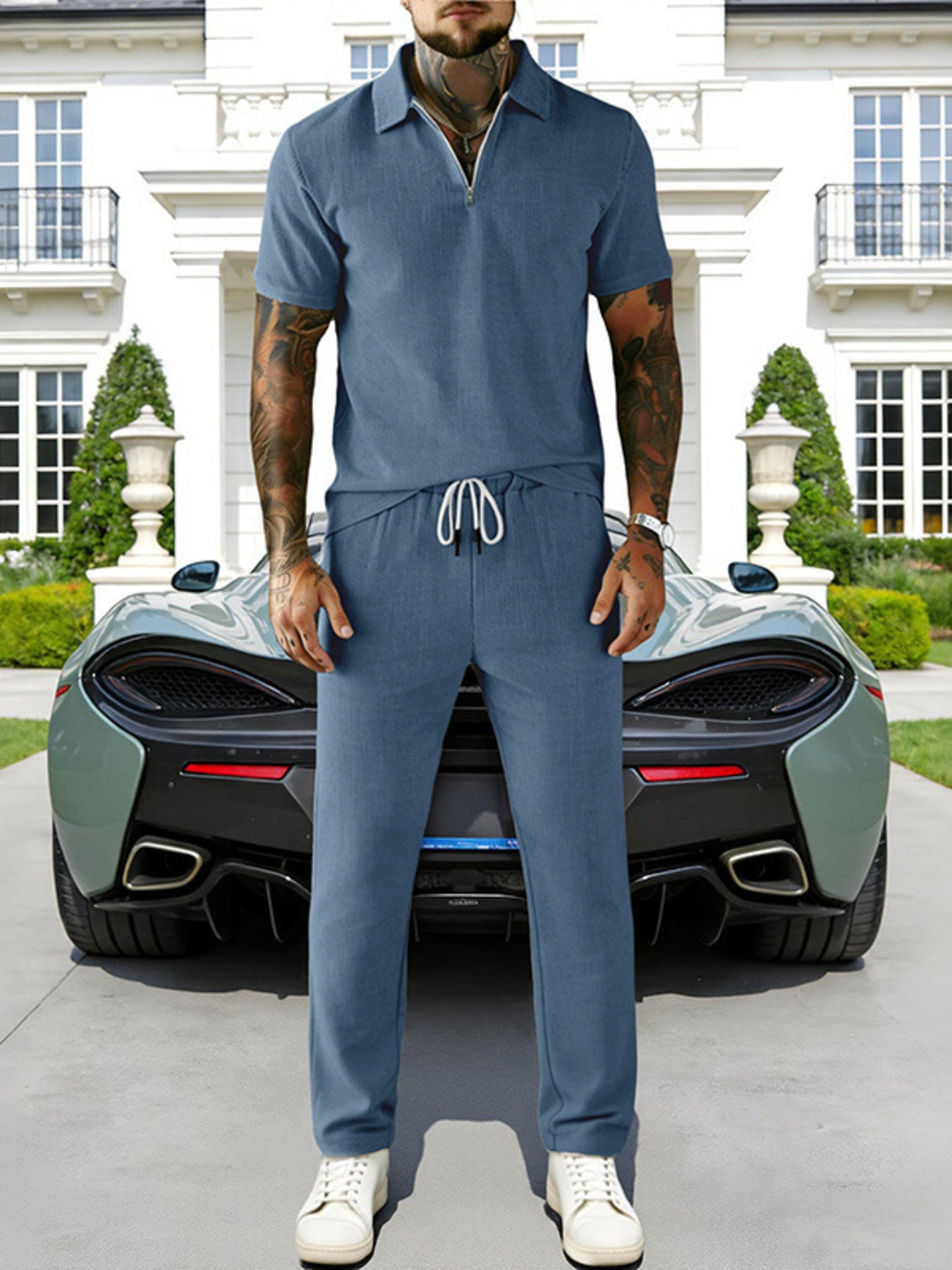 Men's Full Size Casual Zipper Polo Shirt and Drawstring Pants Set Plus Size