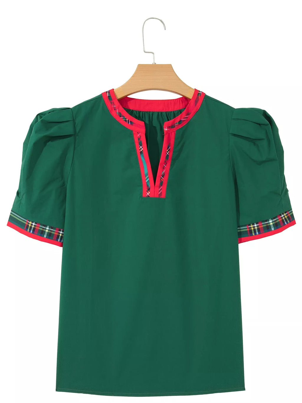 Plaid Trim V Neck Short Sleeve Shift Blouse