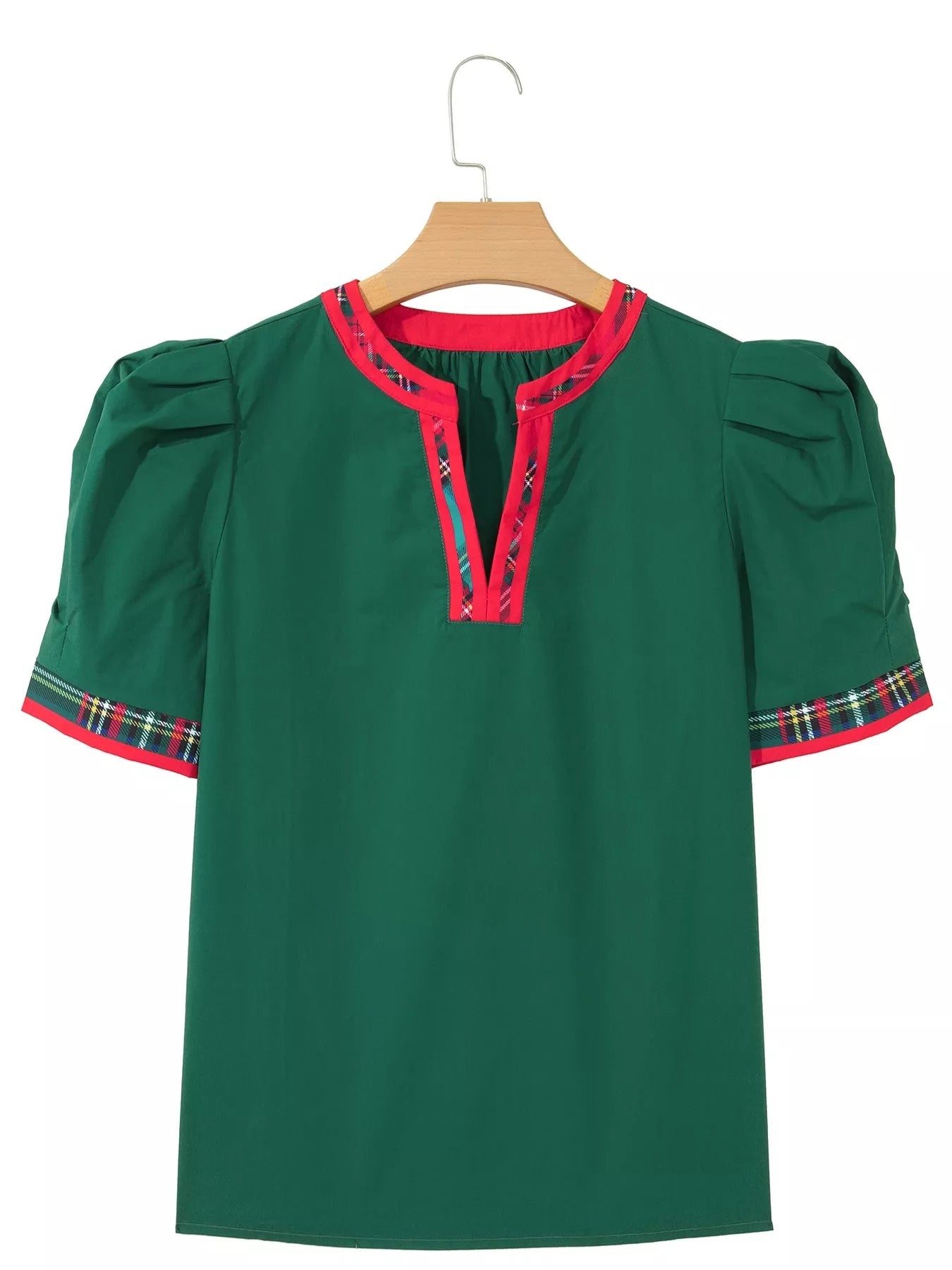 Plaid Trim V Neck Short Sleeve Shift Blouse