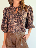 Leopard Bow Tie Puff Sleeve Blouse