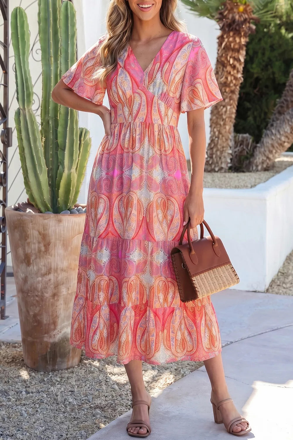 Paisley Print V-Neck Short Sleeve Boho Dress with Ruffle Details