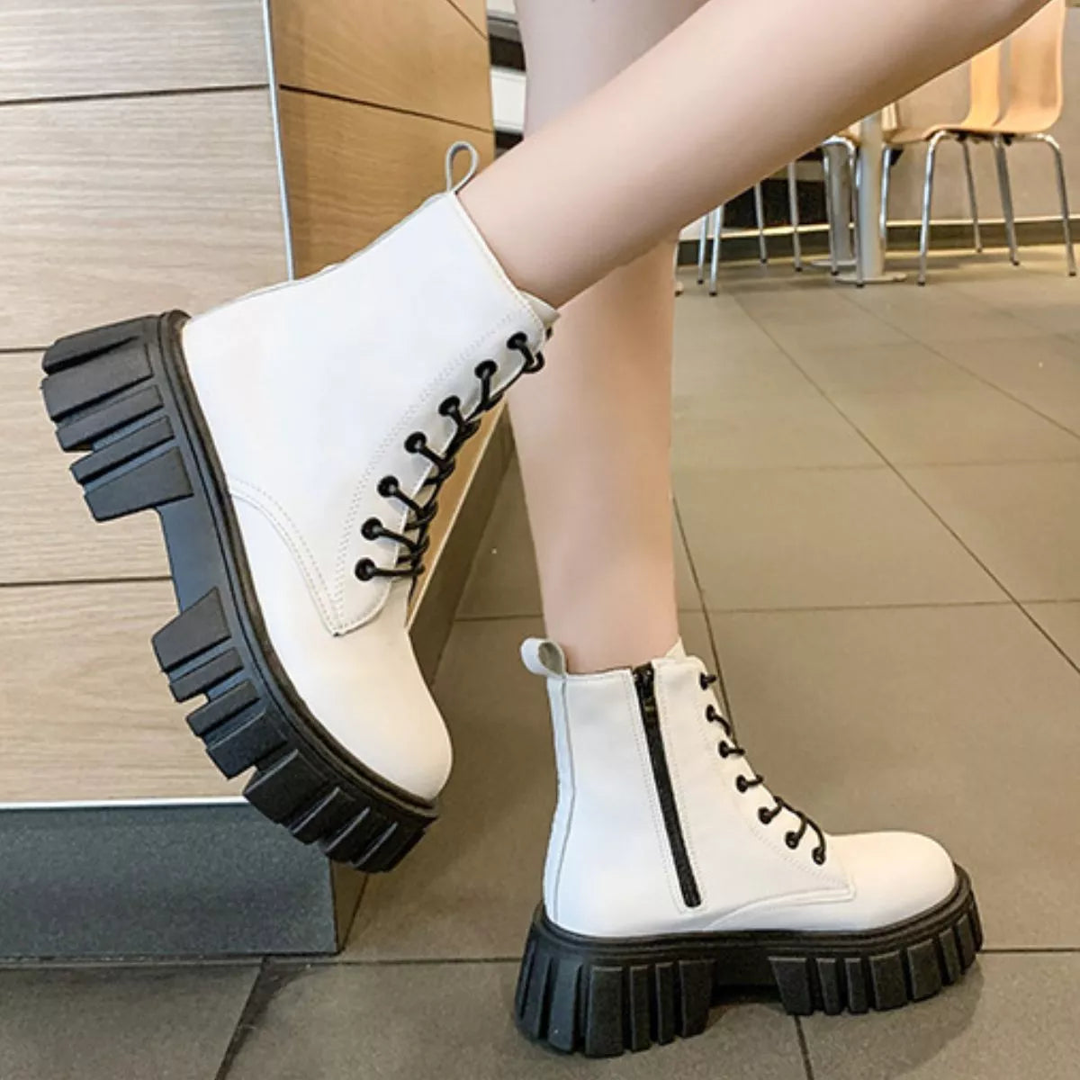 Round Toe Lace-Up Chunky Boots