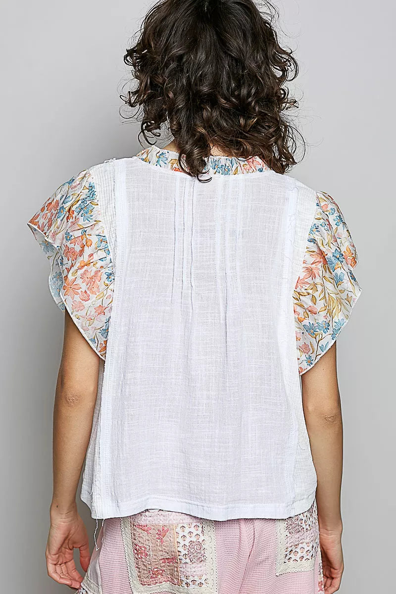 POL V-Neck Floral Ruffle Sleeve Blouse