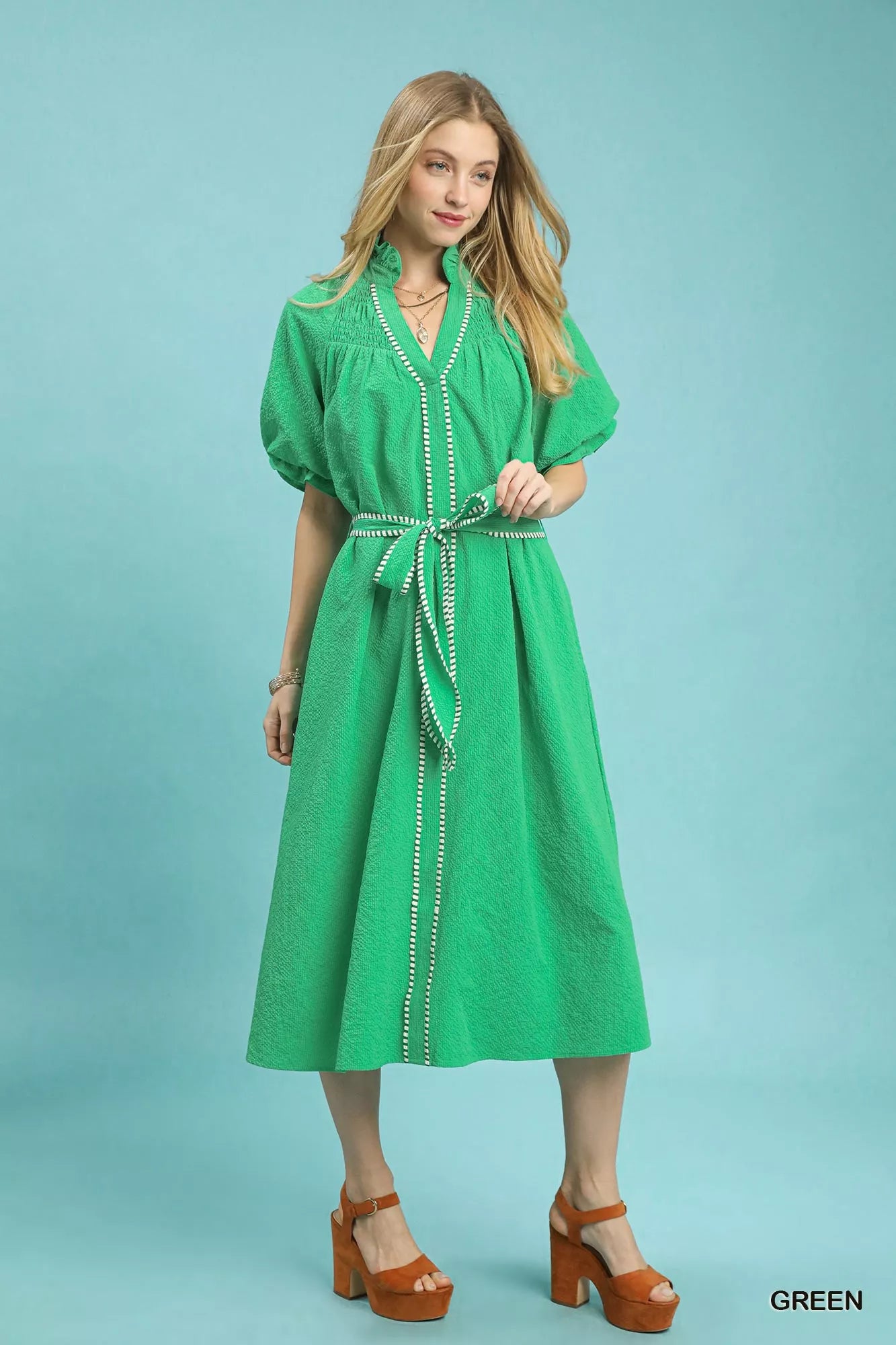 Umgee Ruffle Collar Midi Dress with Stripe Trim