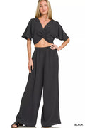 Zenana Woven Airflow Twisted Top & Wide Leg Pants Set