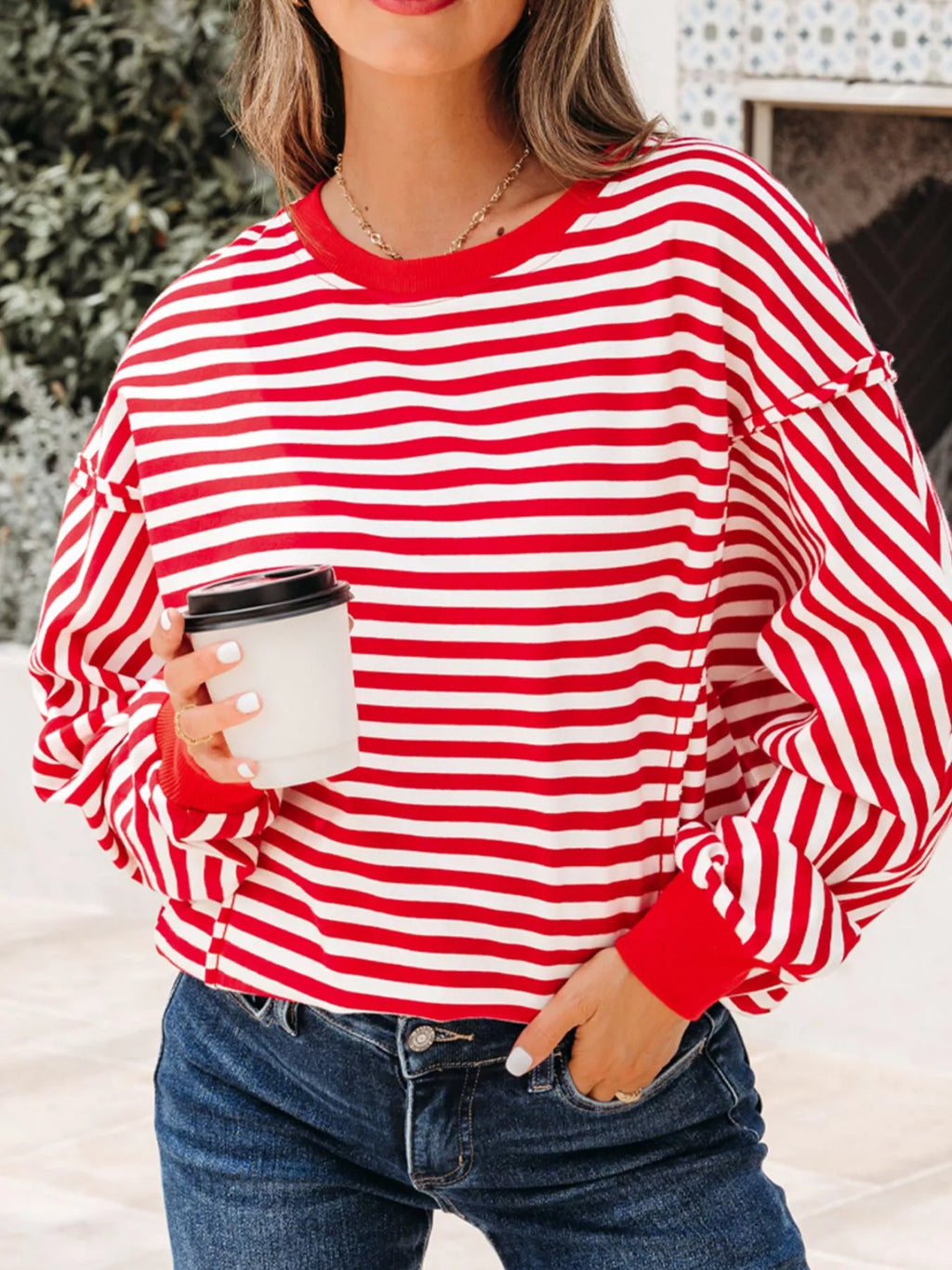 Stripe Exposed Seam Drop Shoulder Casual Top