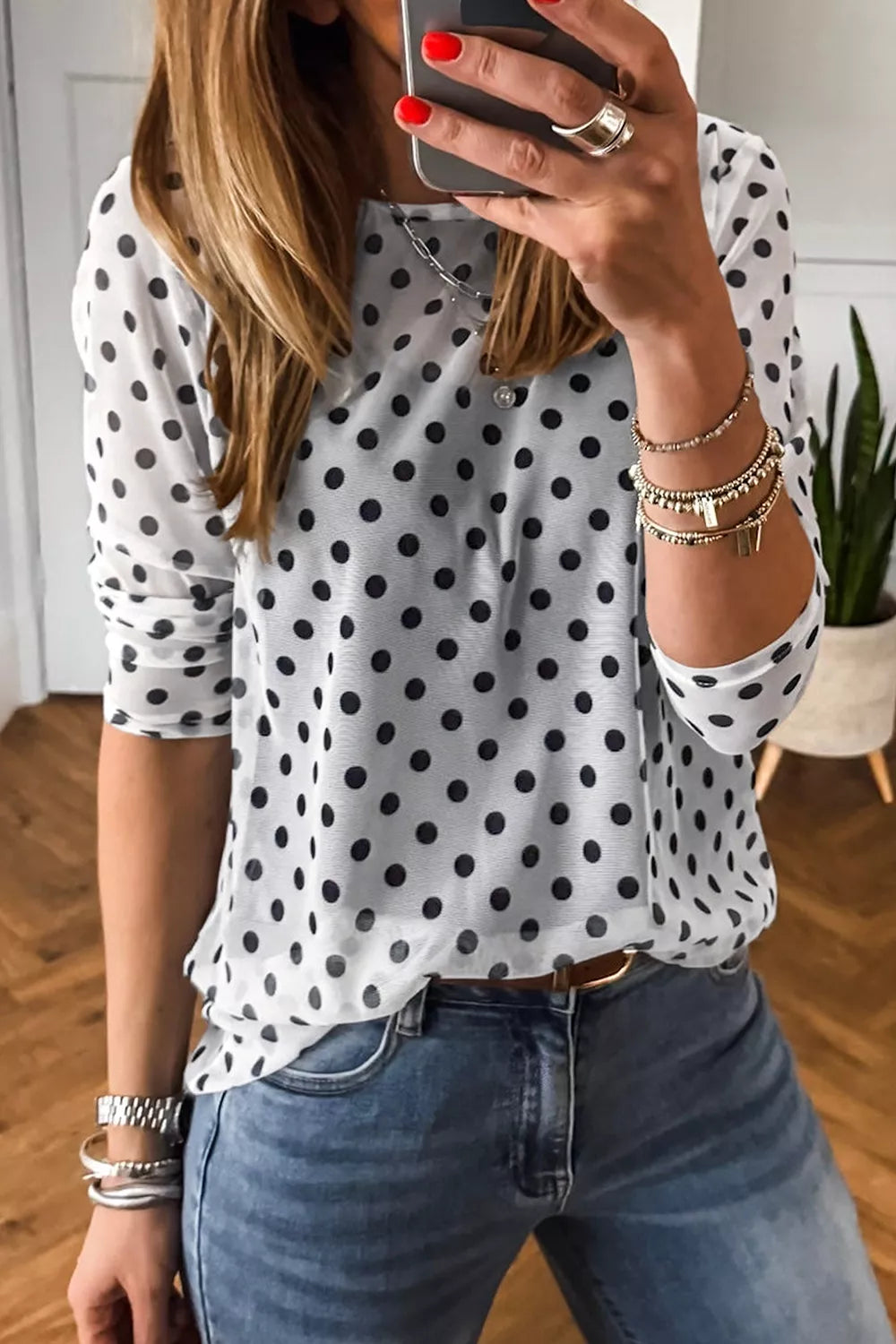 Polka Dot Sheer Mesh Long Sleeve Round Neck Shift Top