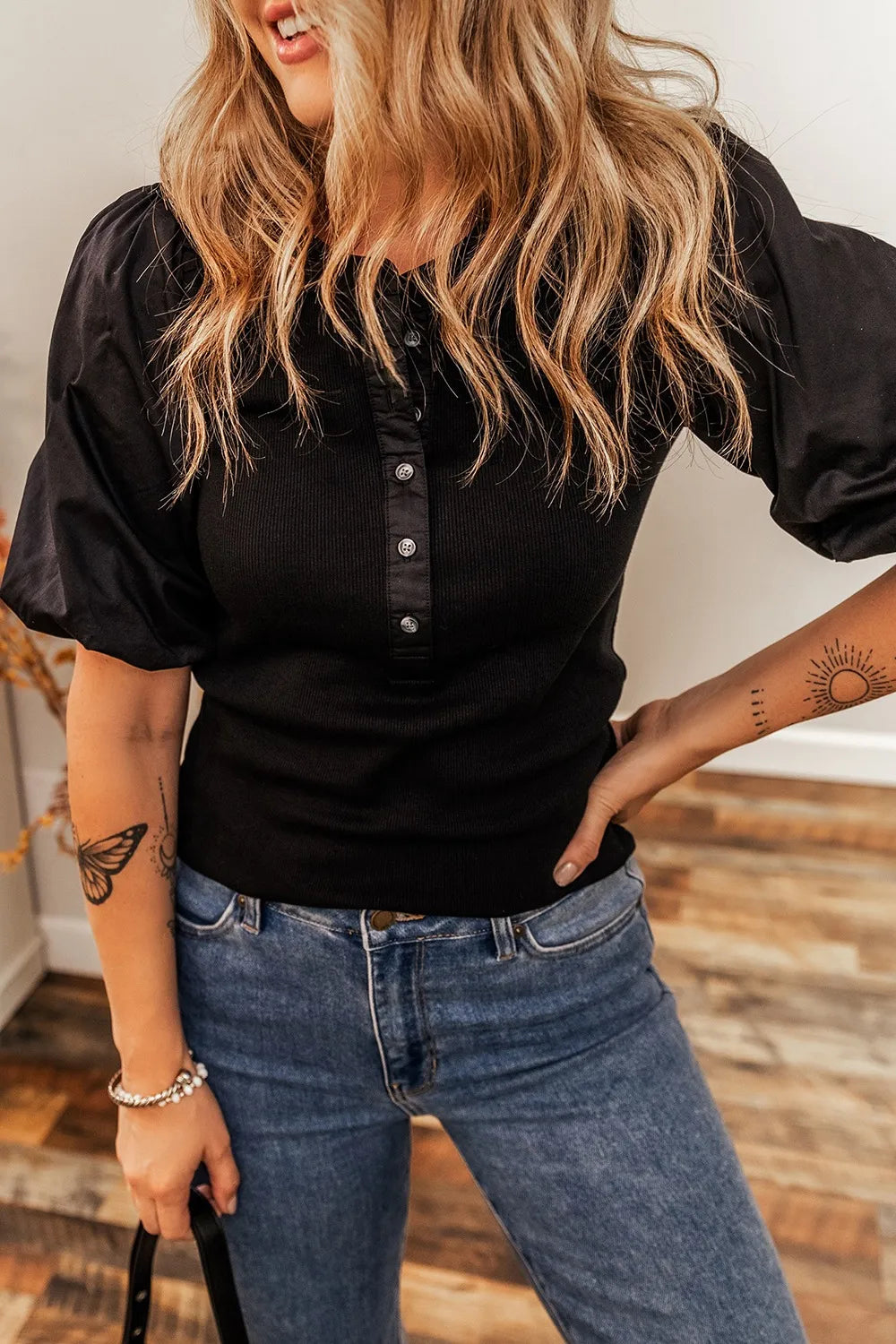 Ribbed Patchwork Puff Sleeve Half Button Placket Slim Fit Top