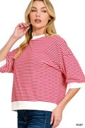 Zenana Striped Contrast Trim Banded Bottom Top