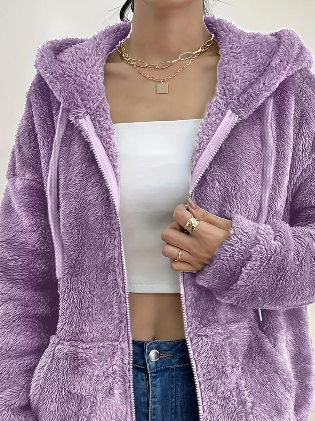 Drawstring Fleece Zip-Up Outerwear
