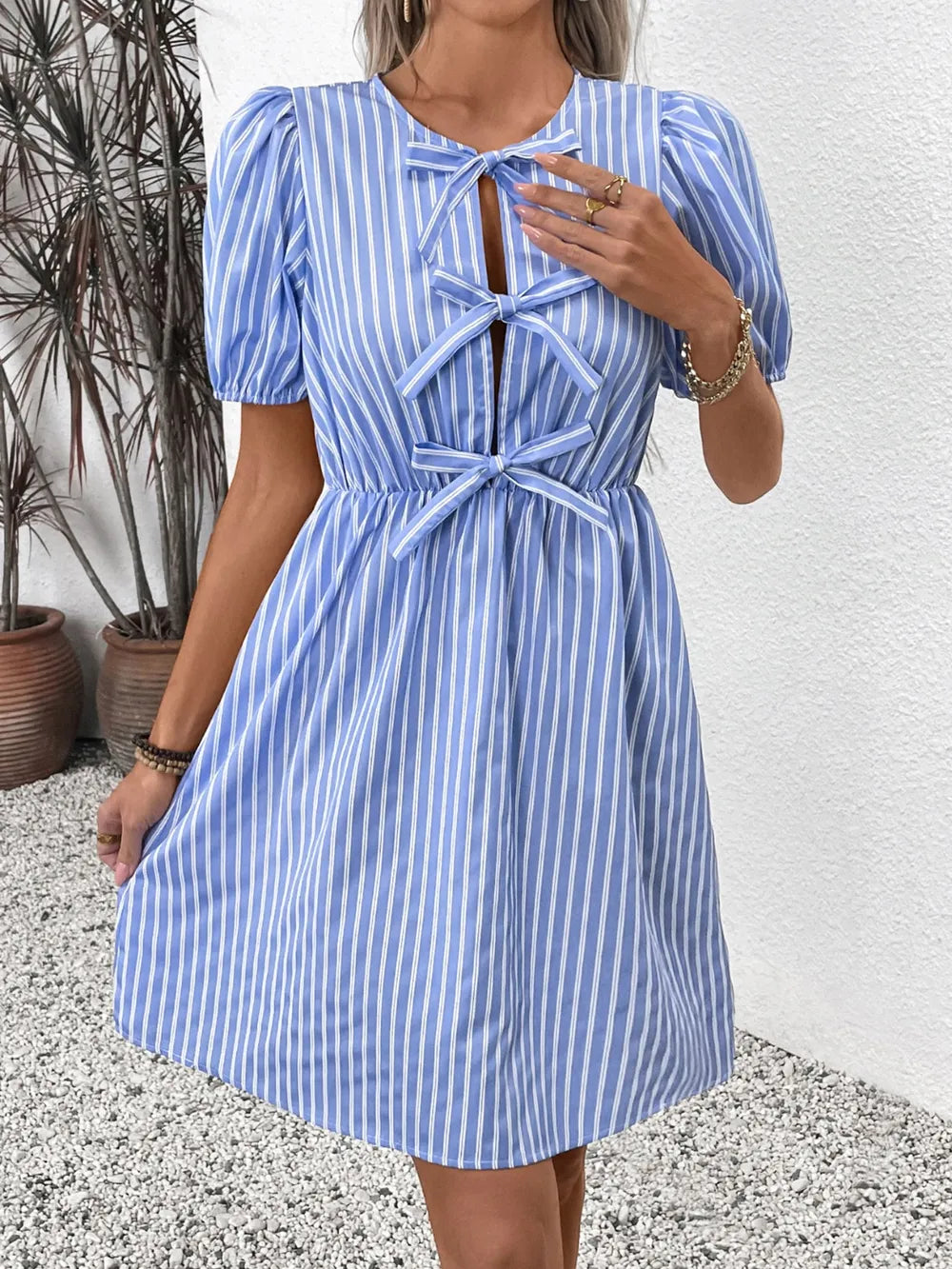 Perfee Tied Striped Short Sleeve Mini Dress