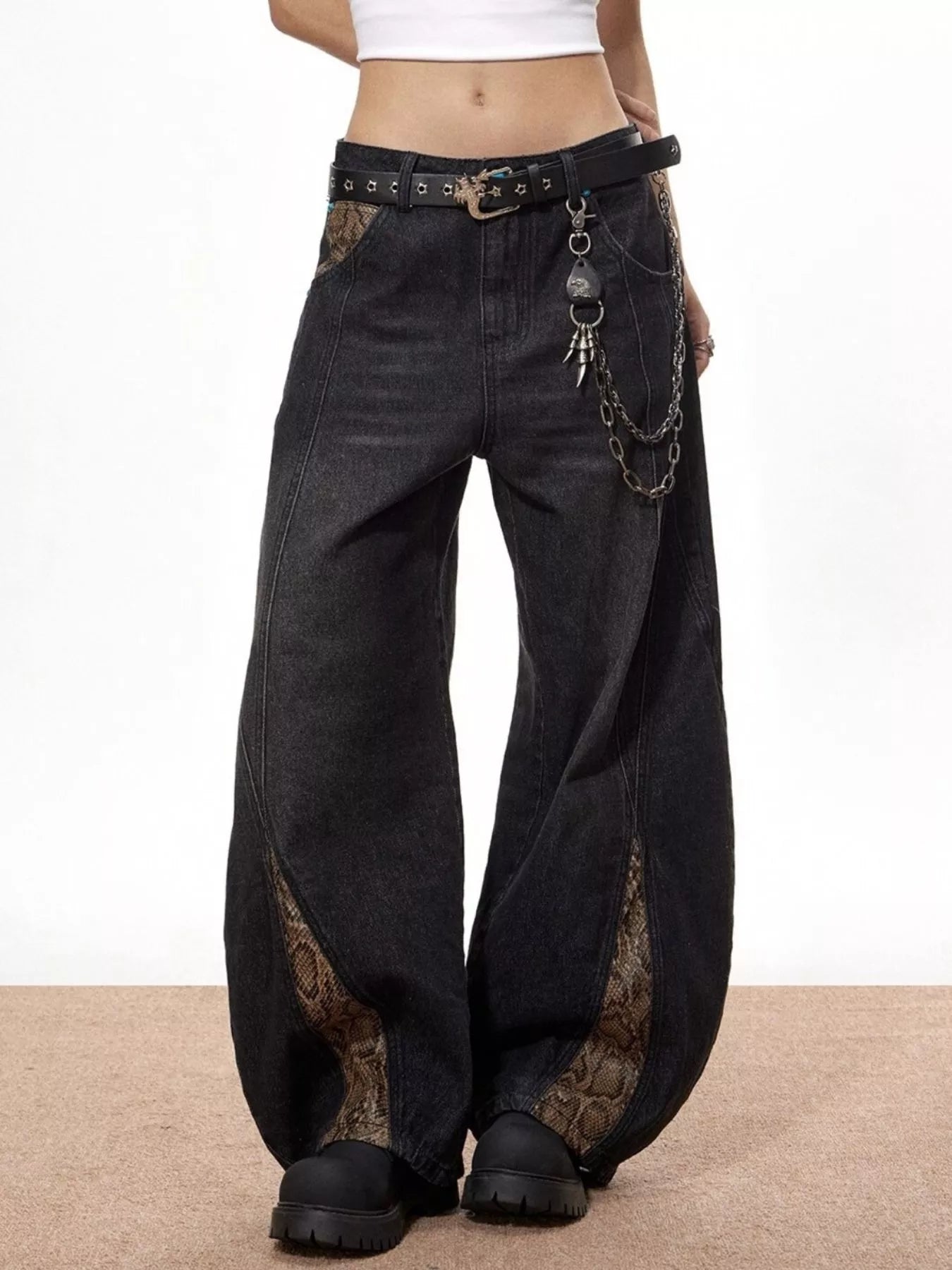 Men's Vintage Wide Leg Jeans with Snake Print