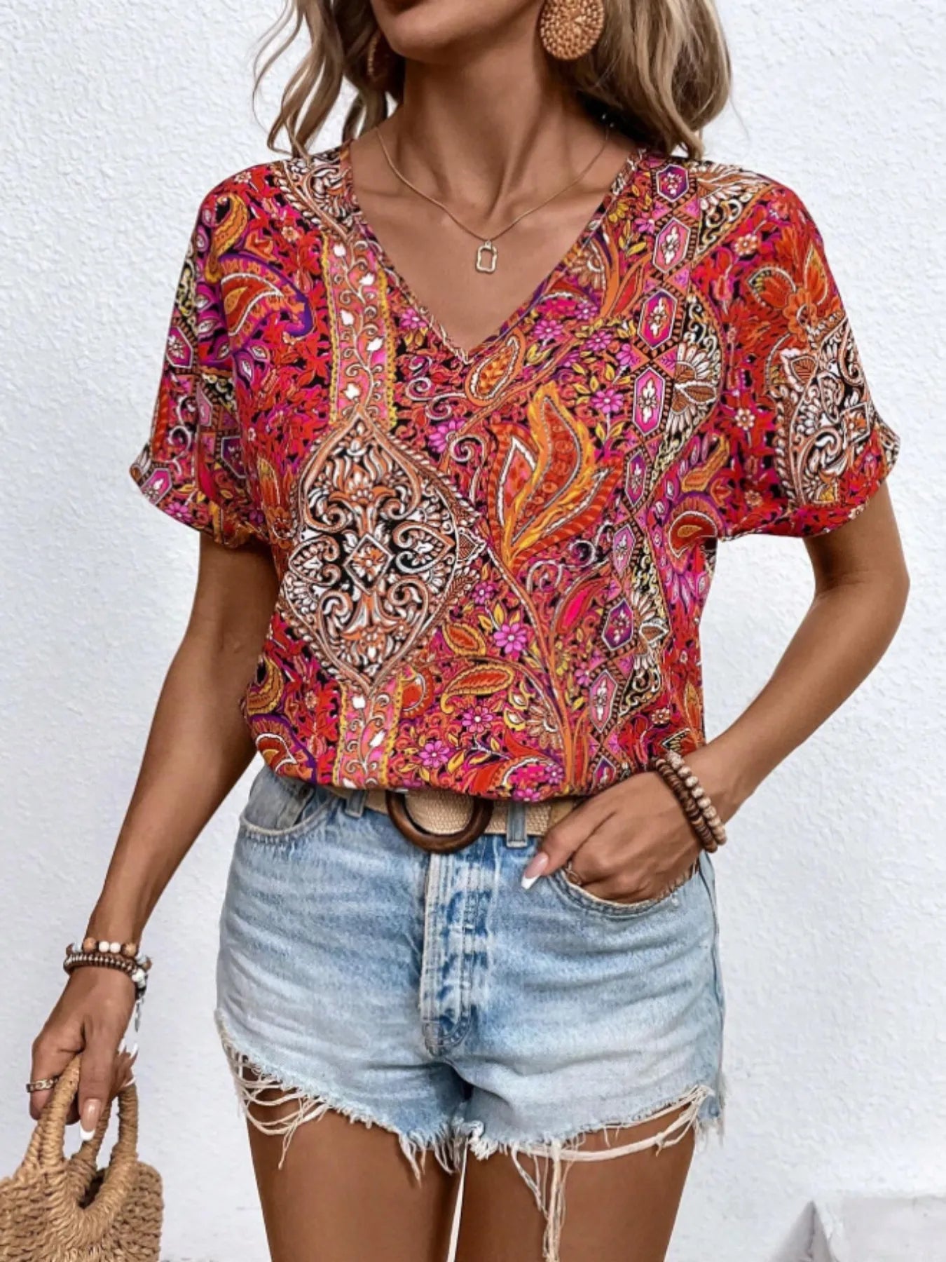 Bohemian Paisley Print V-Neck Short Sleeve T-Shirt