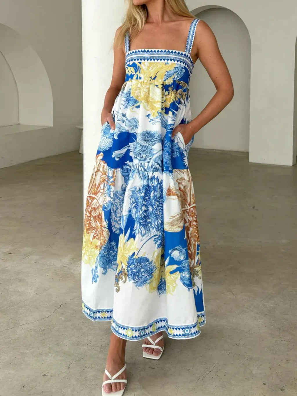 Pocketed Printed Sleeveless Cami Dress