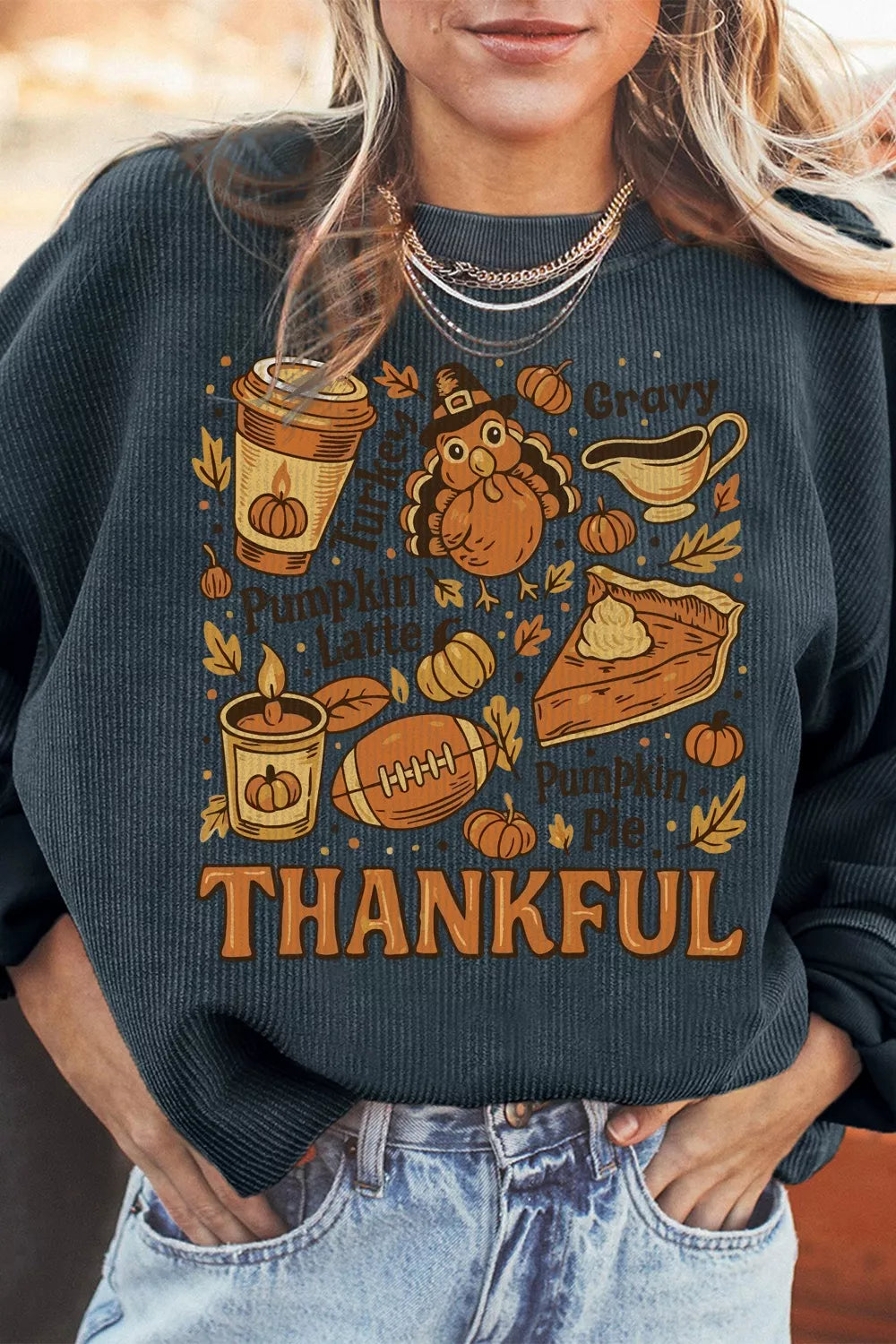 Thankful Thanksgiving Graphic Long Sleeve Sweatshirt