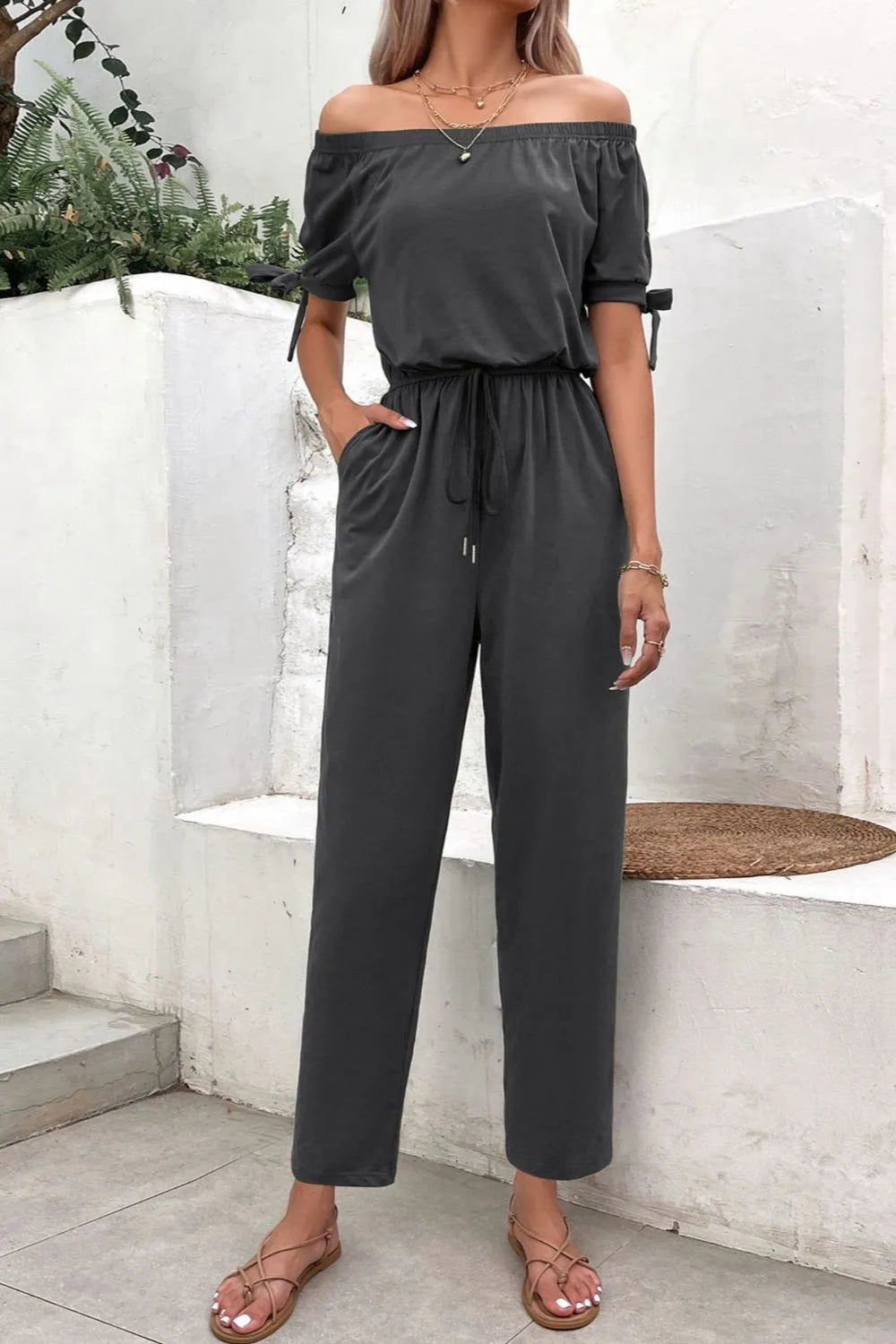 Perfee Off-Shoulder Tie Cuff Jumpsuit with Pockets