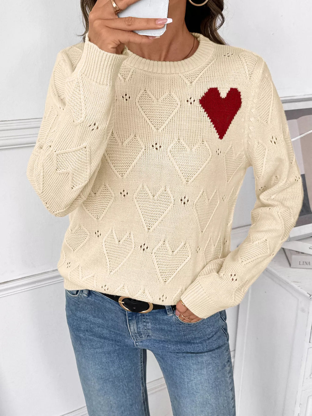 Openwork Heart Round Neck Sweater