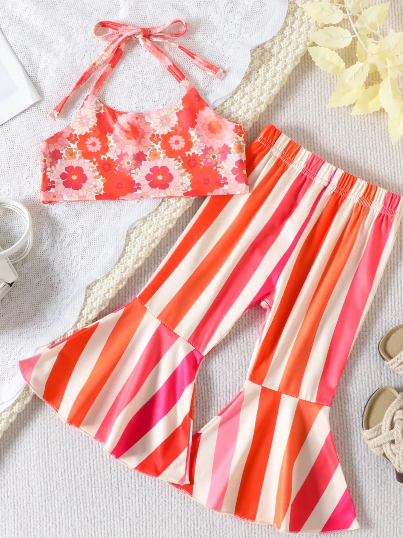 Children's Floral Print Crop Top and Striped Pants Set