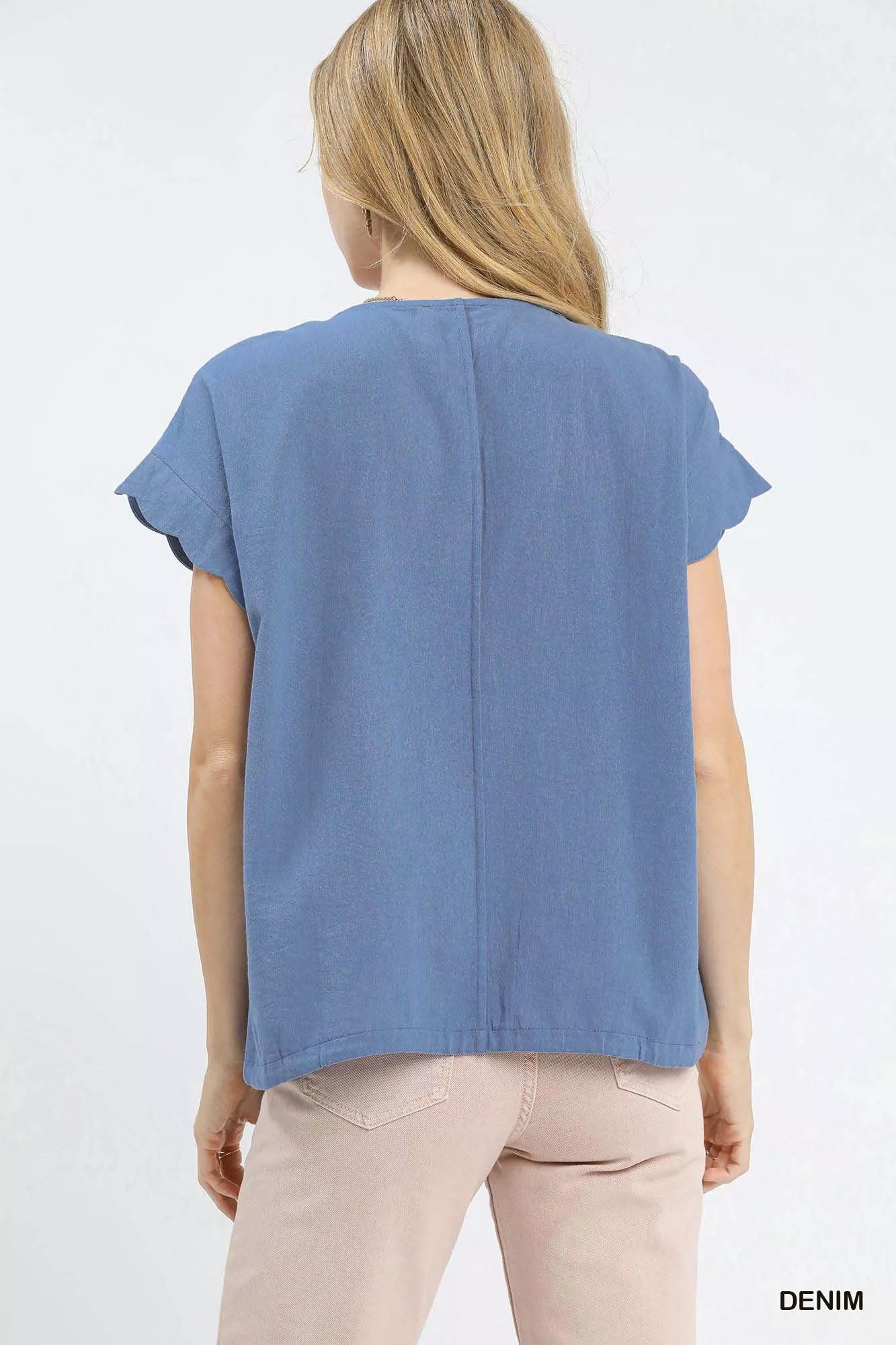 Umgee Embroidered Scallop Sleeve Top with Drawstring Hem