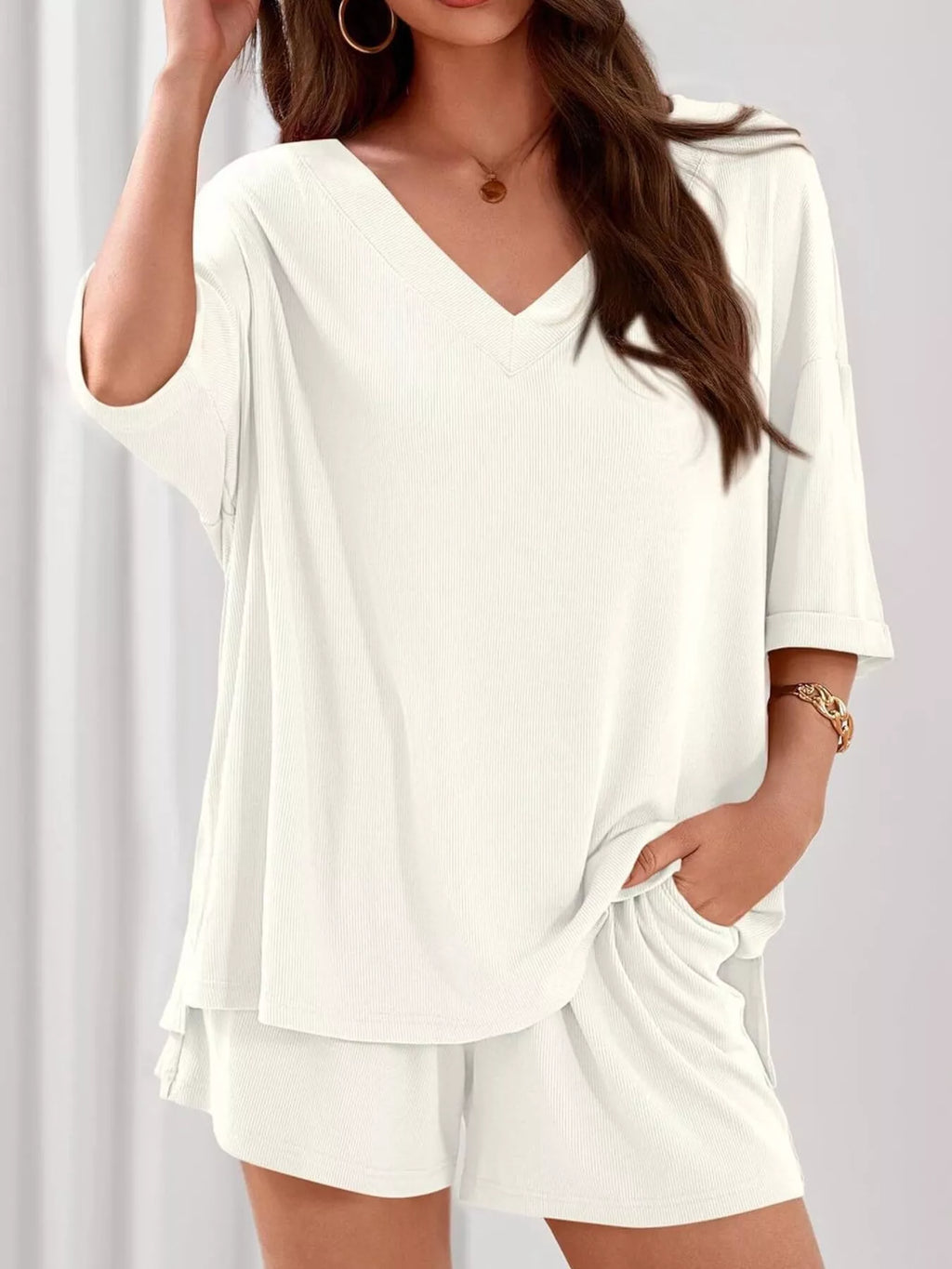 Casual Solid Color V-Neck Top & Shorts Set