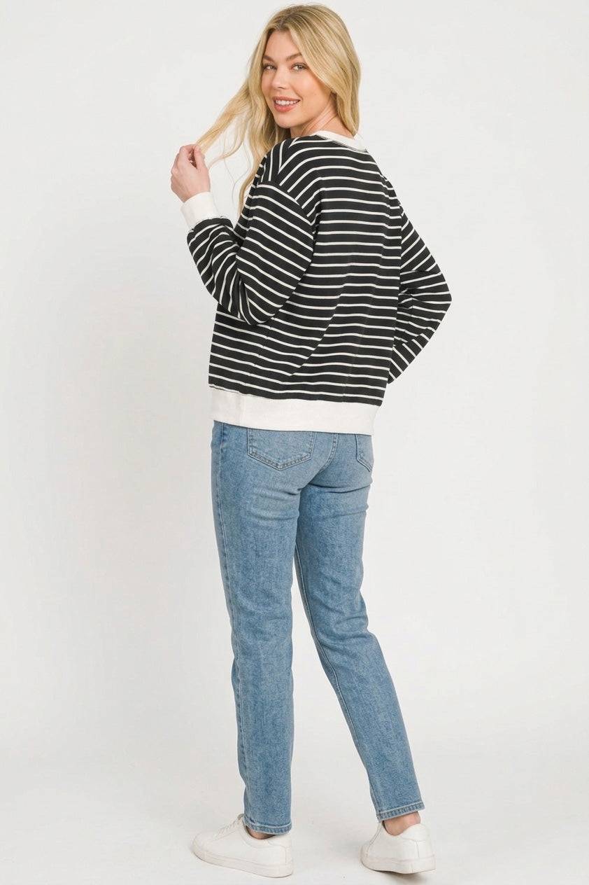 Zenana Striped Rib Banded Sweatshirt