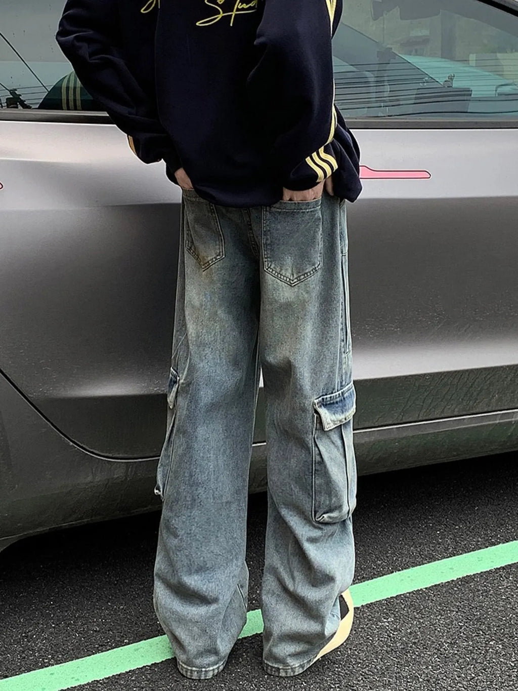 Men's Full Size Vintage Wash Wide Leg Cargo Jeans Plus Size