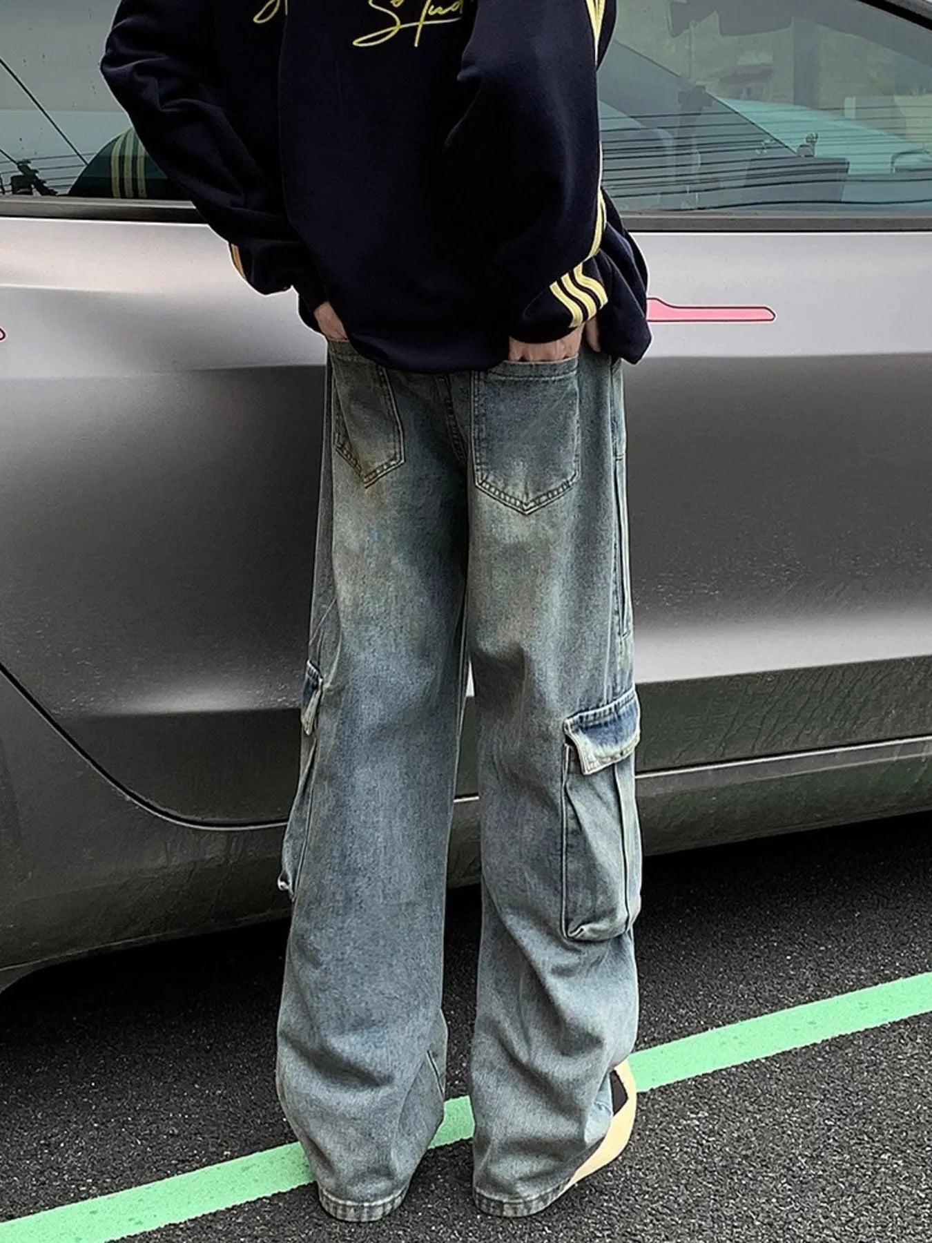 Men's Full Size Vintage Wash Wide Leg Cargo Jeans Plus Size