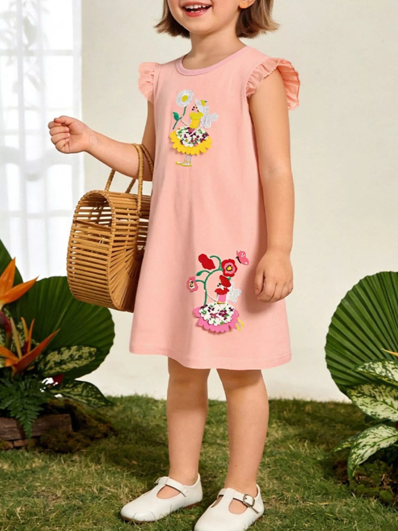 Children's Floral Embroidered Ruffle Sleeve Casual Dress