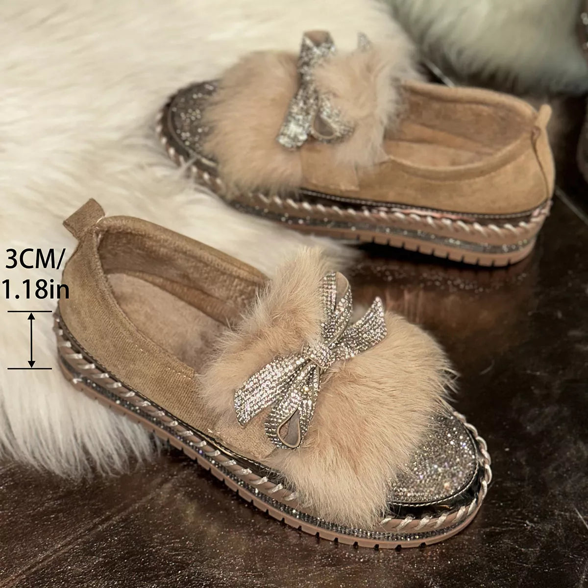Fuzzy Bowknot Rhinestone Platform Loafers