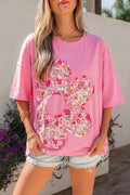 Flower Patched Round Neck Tunic T-Shirt