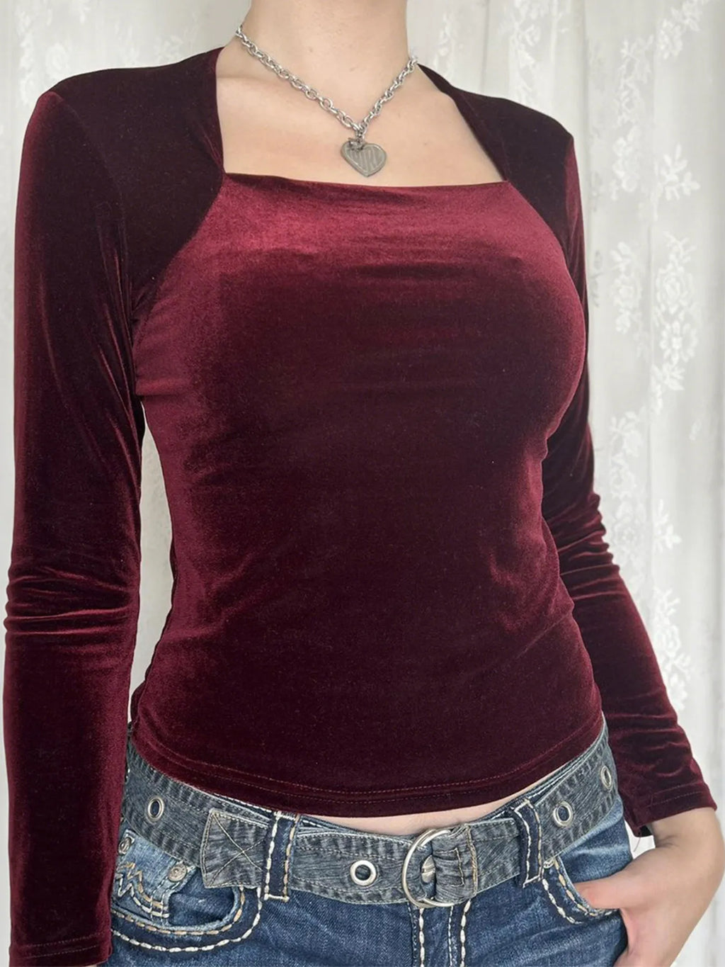 Velvet Long Sleeve Square Neck T-Shirt