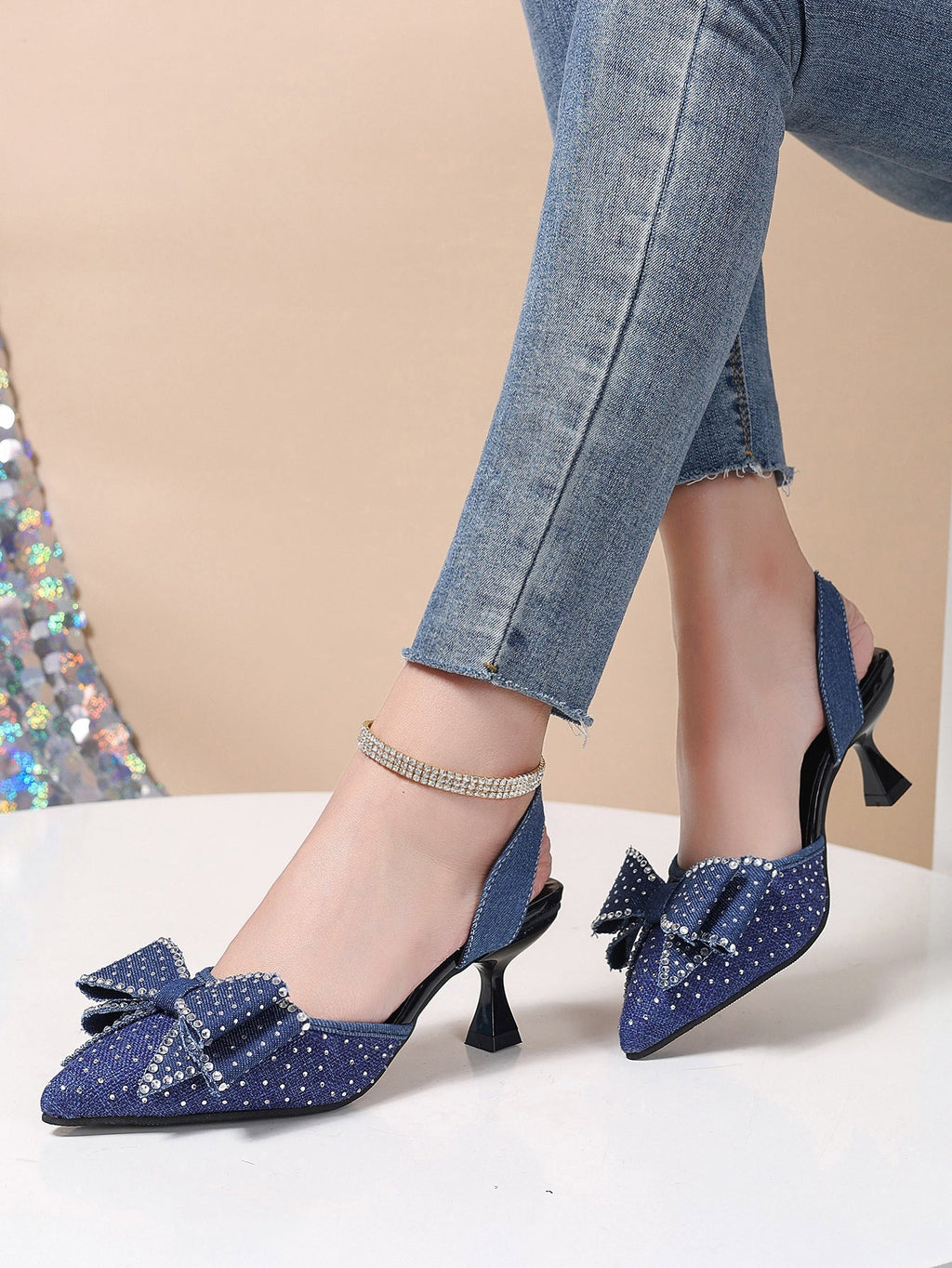 Rhinestone Bowknot Slingback Pumps